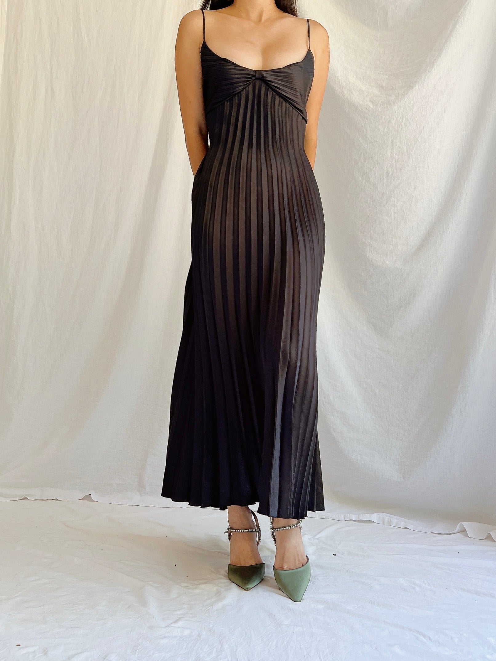 Vintage Black Pleated Slip Dress - M