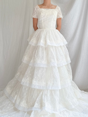 1950s Voile Embroidered Tiered Gown - XS