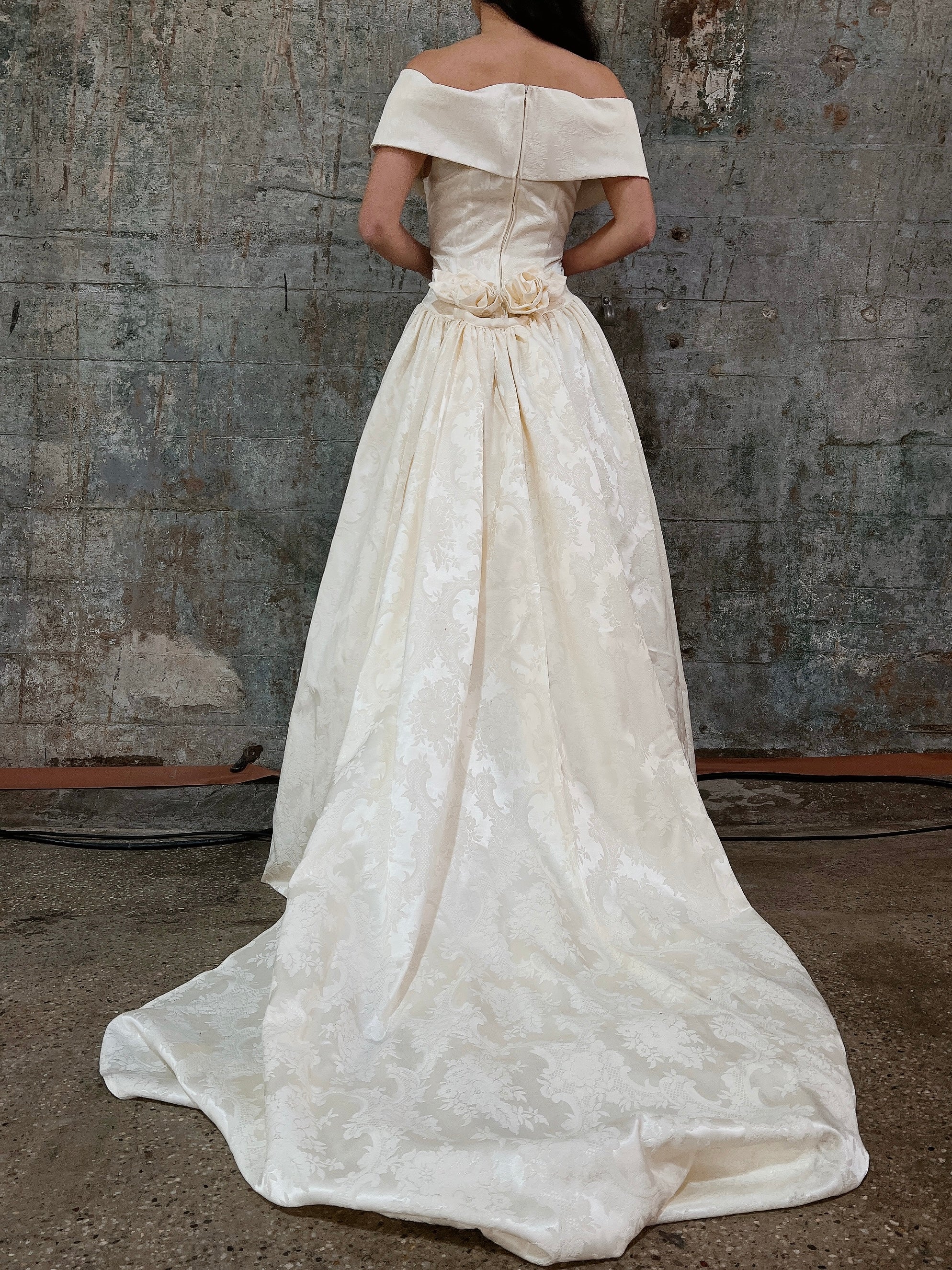 Vintage Brocade Off-the-Shoulder Gown with Train - M
