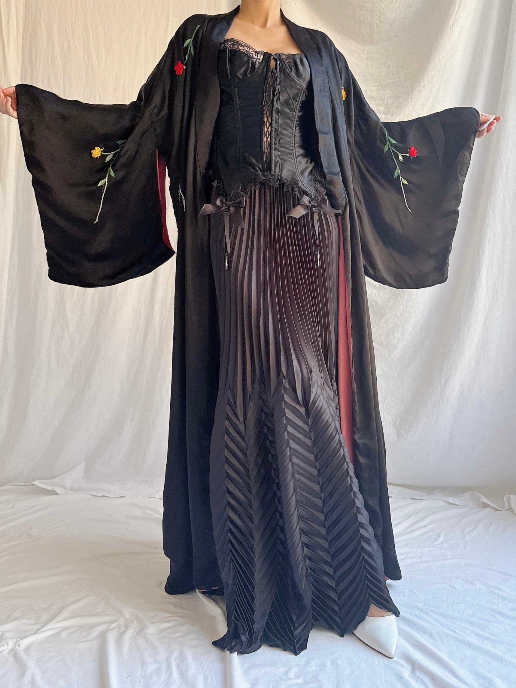 Antique Embroidered Satin Kimono - OSFM