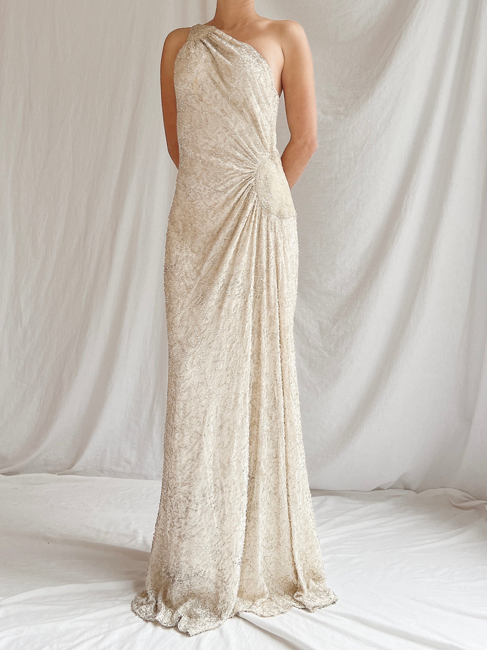 Vintage Silk One Shoulder Beaded Gown - M 6/8