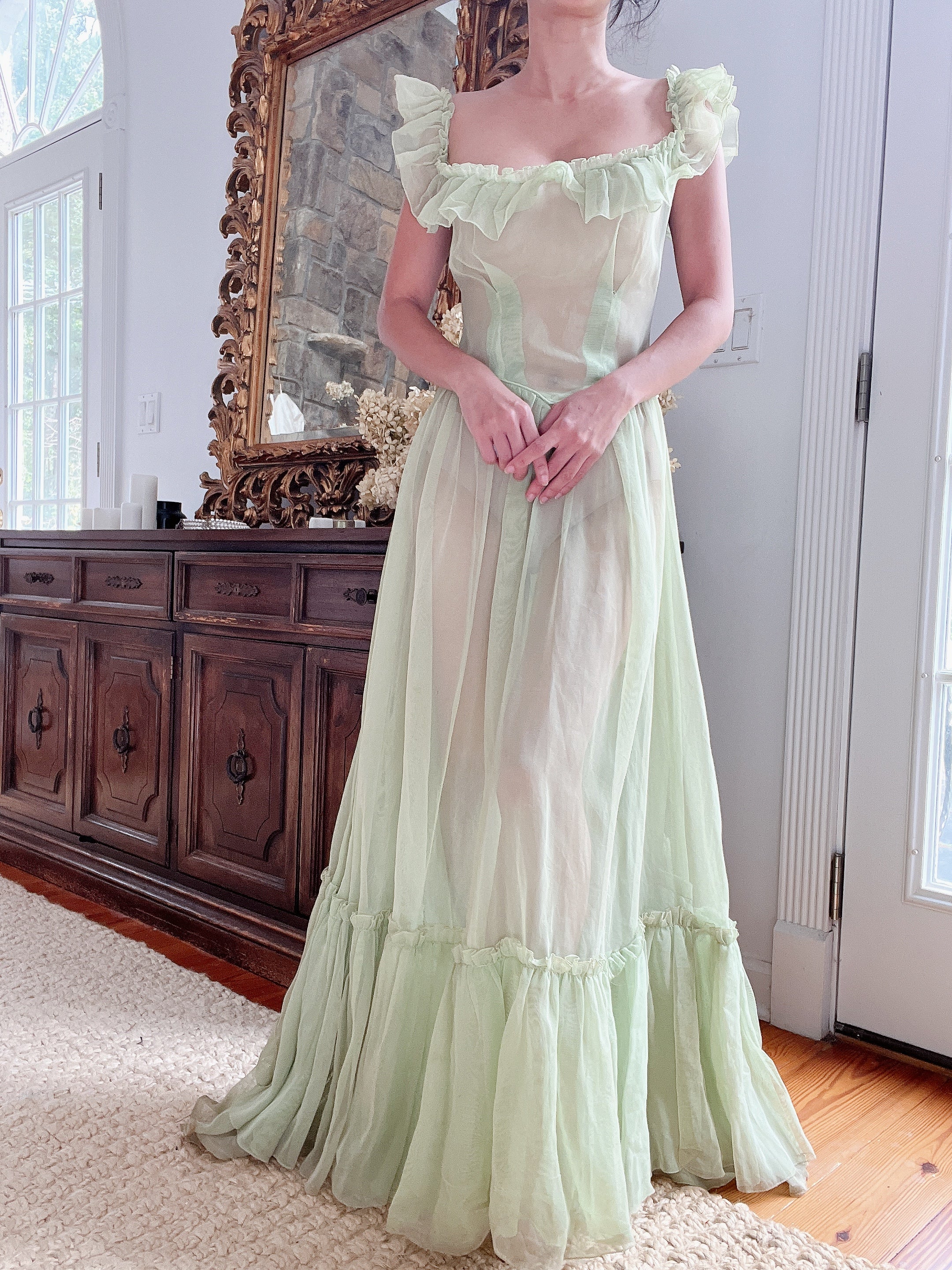 1940s Fred Perlberg Green Sheer Ruffle Dress