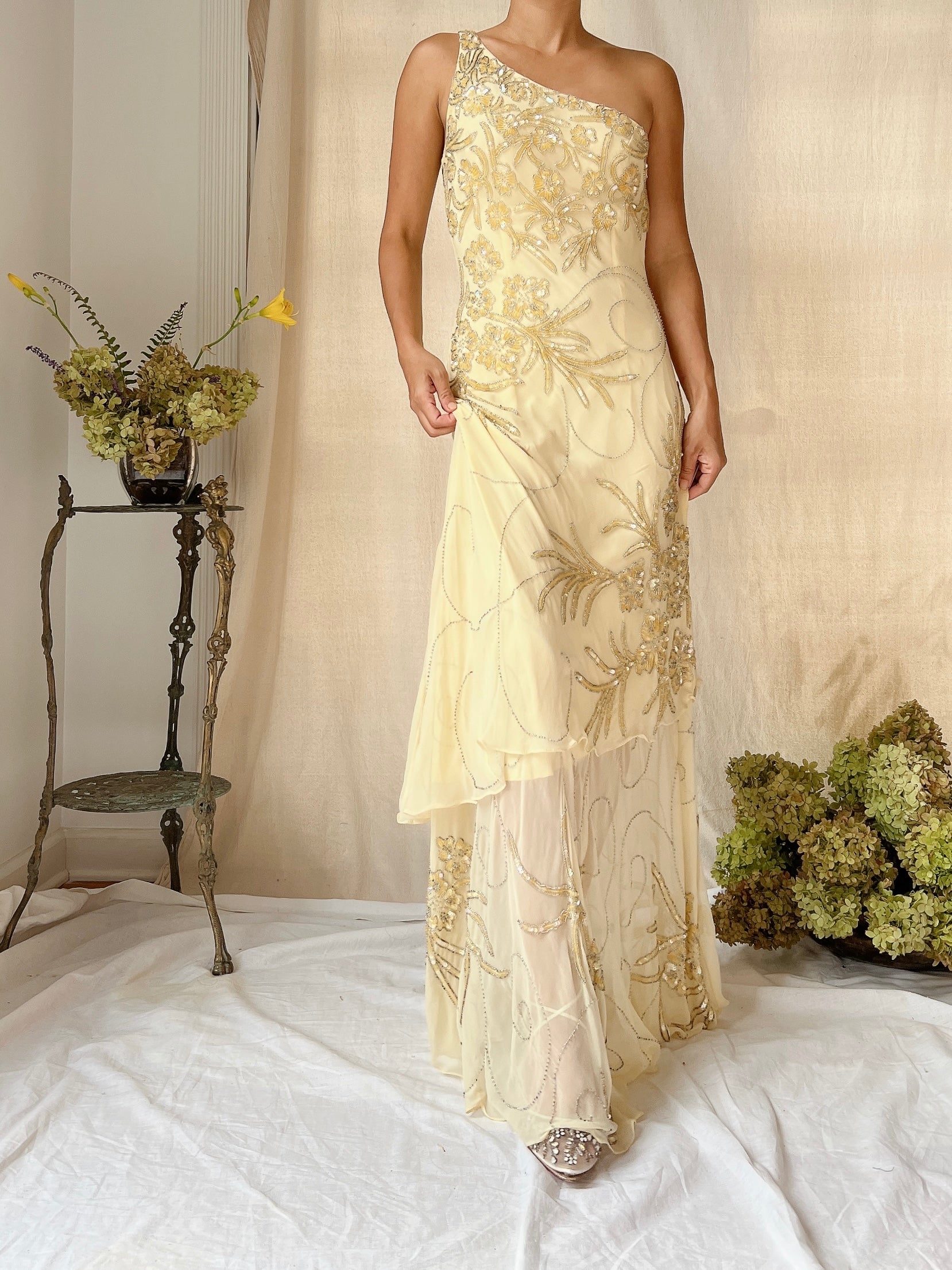 Vintage Silk One Shoulder Beaded Tiered Gown - S | G O S S A M E R Vintage Silk One Shoulder Beaded Tiered Gown - S | G O S S A M E R