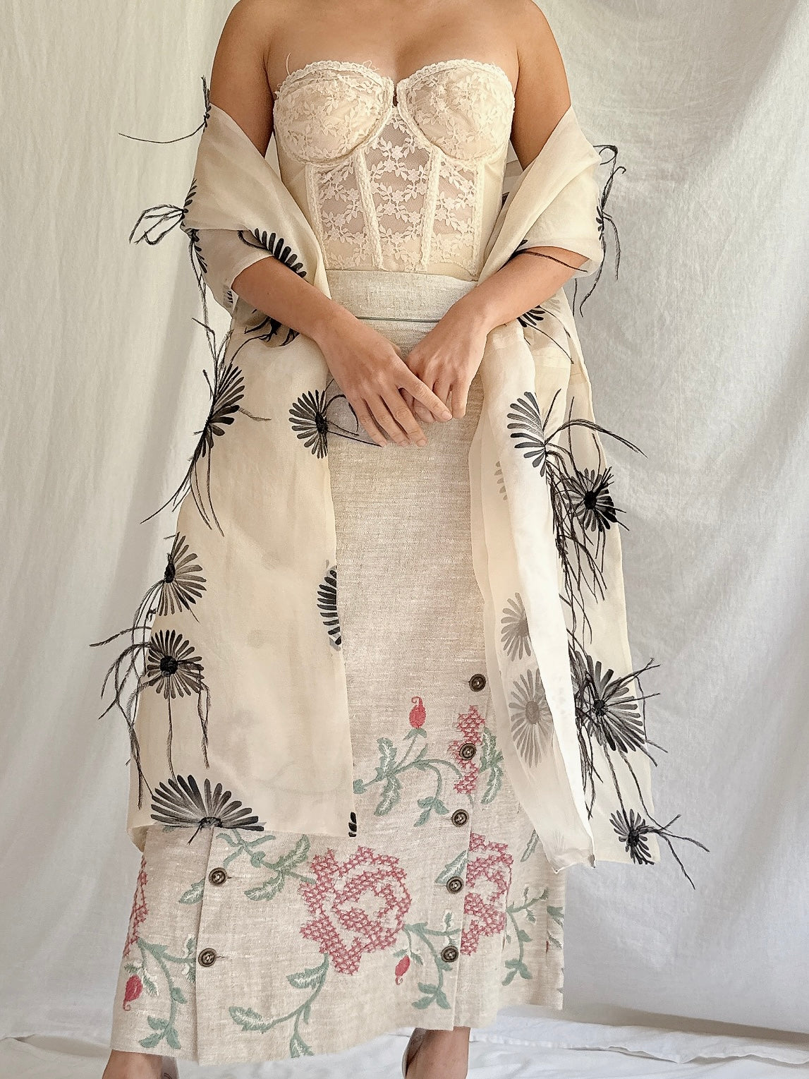 Vintage Silk Organza Feather Shawl - OSFM