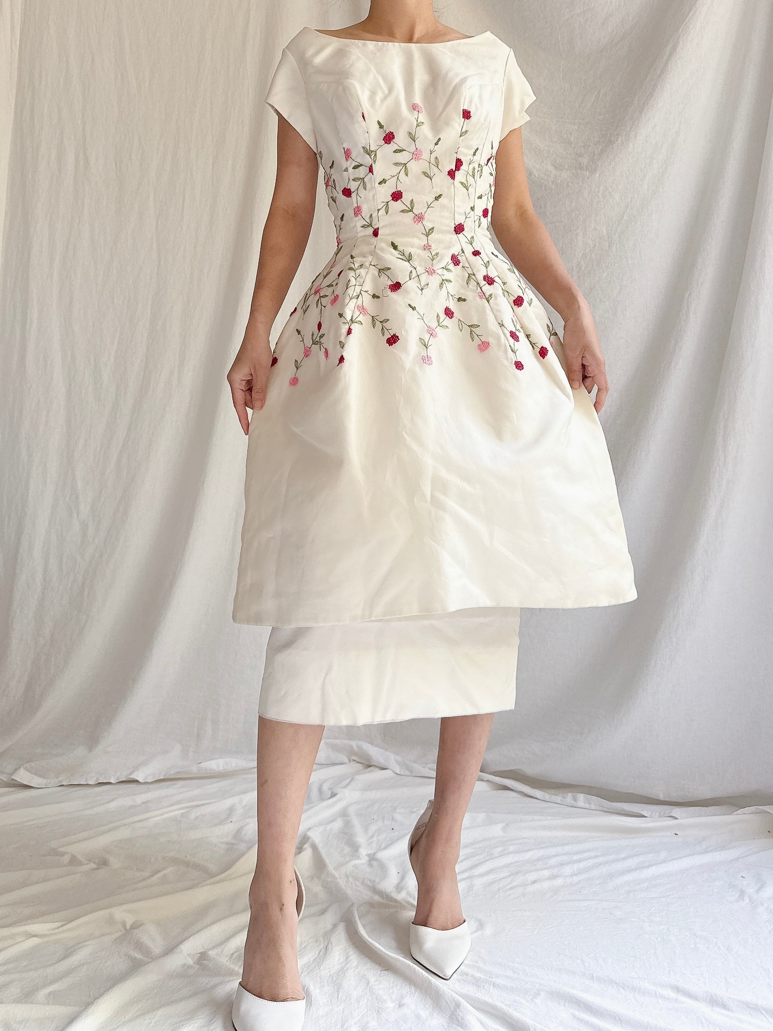 1960s Embroidered Peplum Dress - S