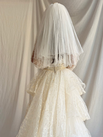 1980s Porcelain Ivory Double Layered Waist Length Tulle Veil