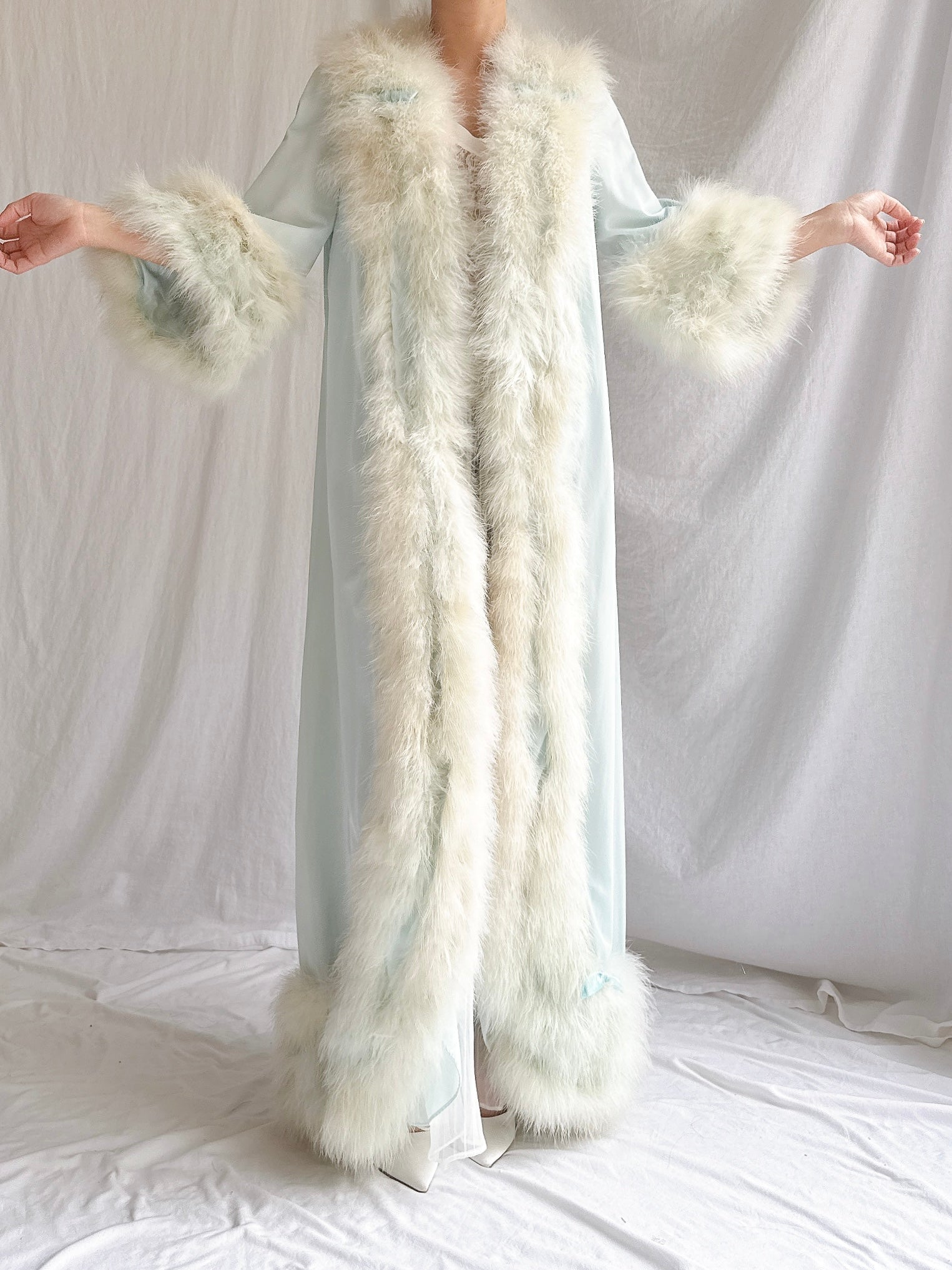 Rare 1960s Heft Baby Blue Marabou & Nylon Duster - OSFM