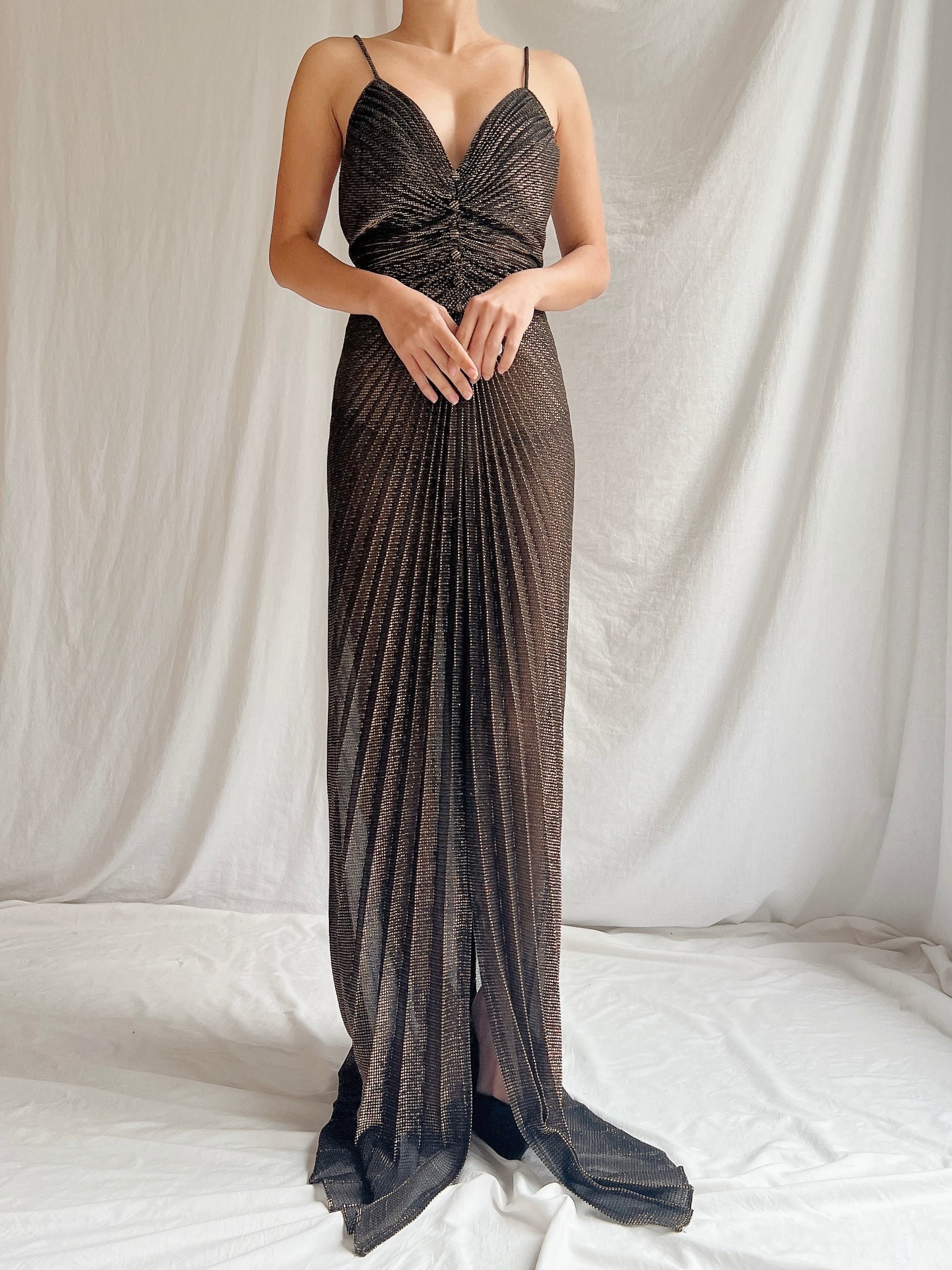 Vintage Bronze/Black Pleated Lurex Gown - S/M