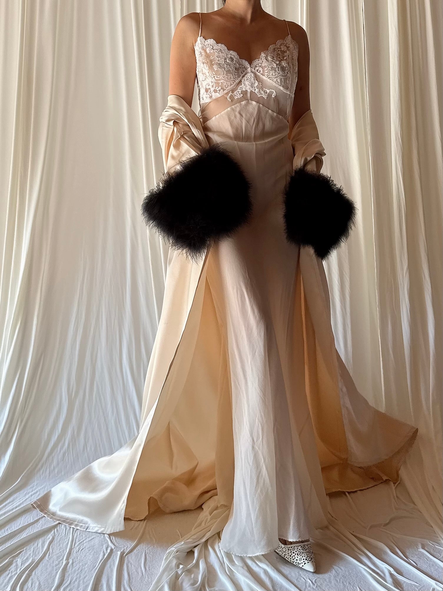 Vintage Marabou Trim Satin Duster - M