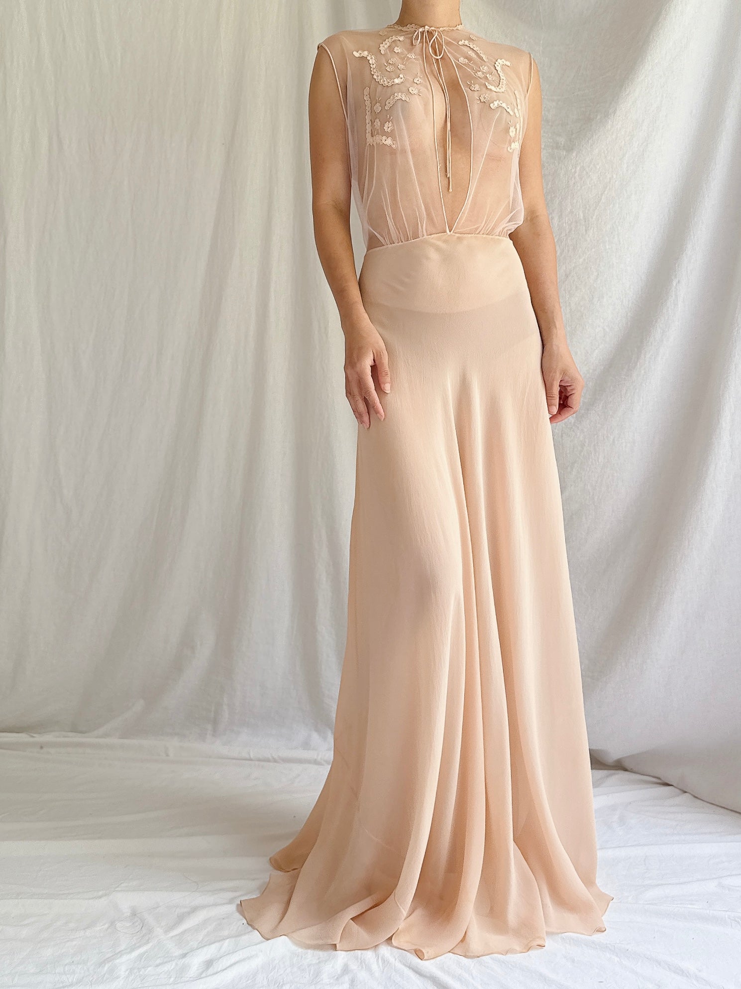 1930s Silk and Mesh Sheer Gown - S/M