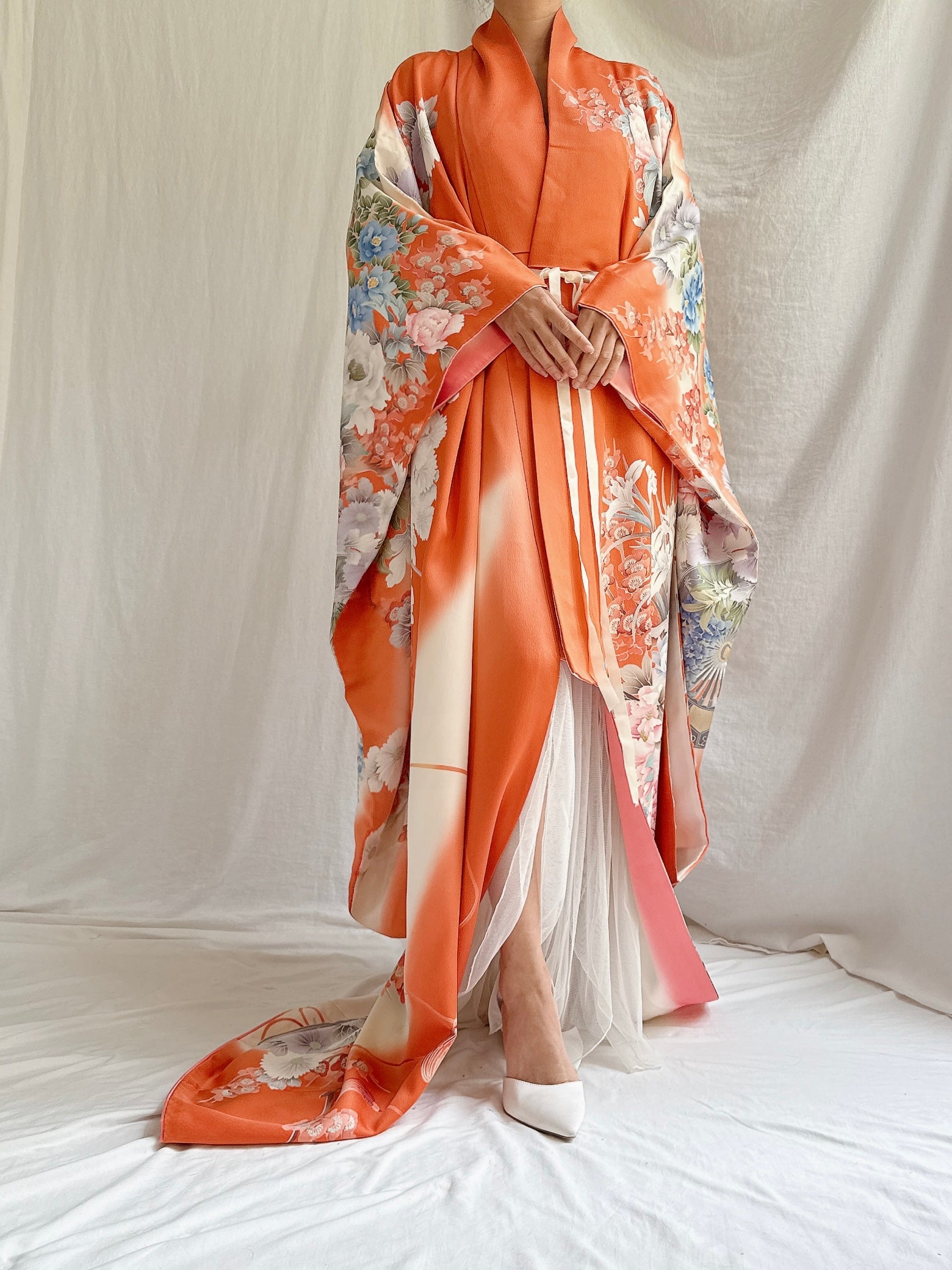 Vintage Orange Silk Kimono - OSFM