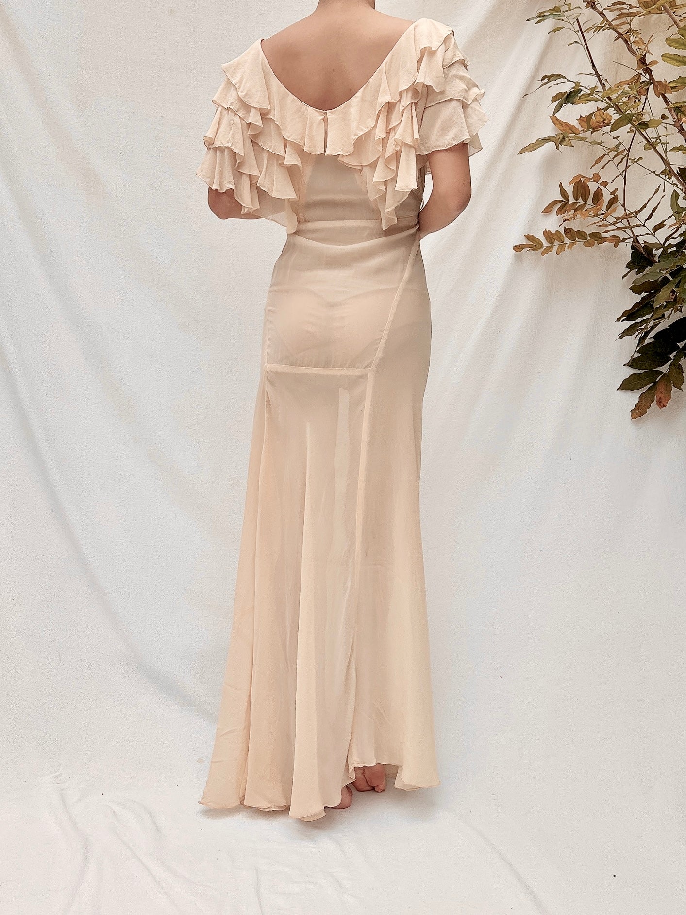 Vintage Eggshell Silk Ruffle Gown - S