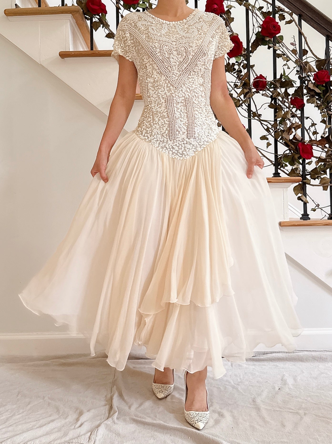 1980s Silk Chiffon Beaded Dress - 36B/30W/49L