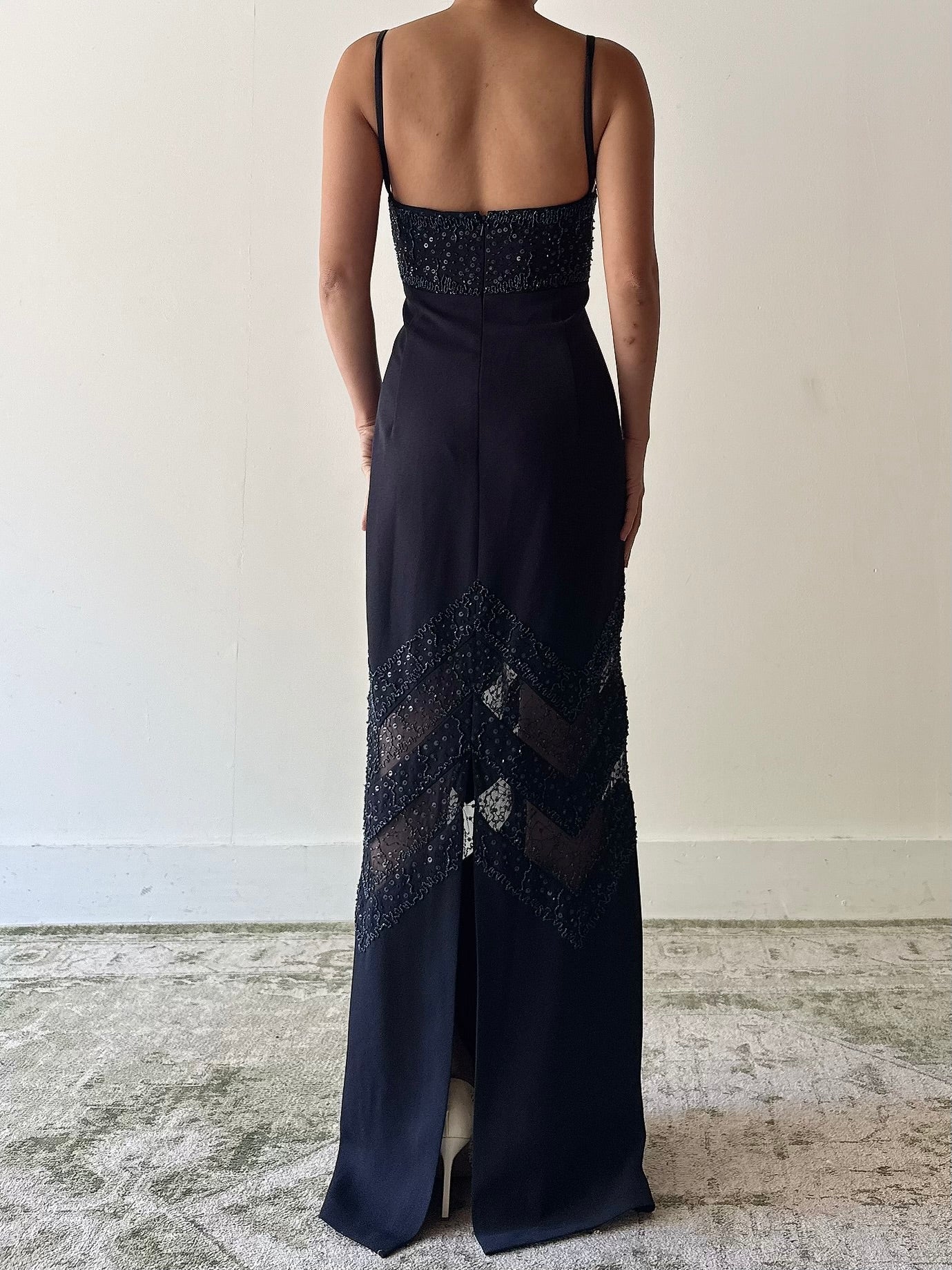 Vintage Navy Blue Rayon Beaded Dress - M