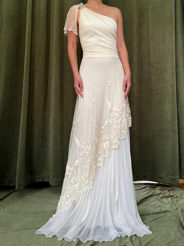 Vintage Rayon Tulle Chiffon One Shoulder Gown - S/4
