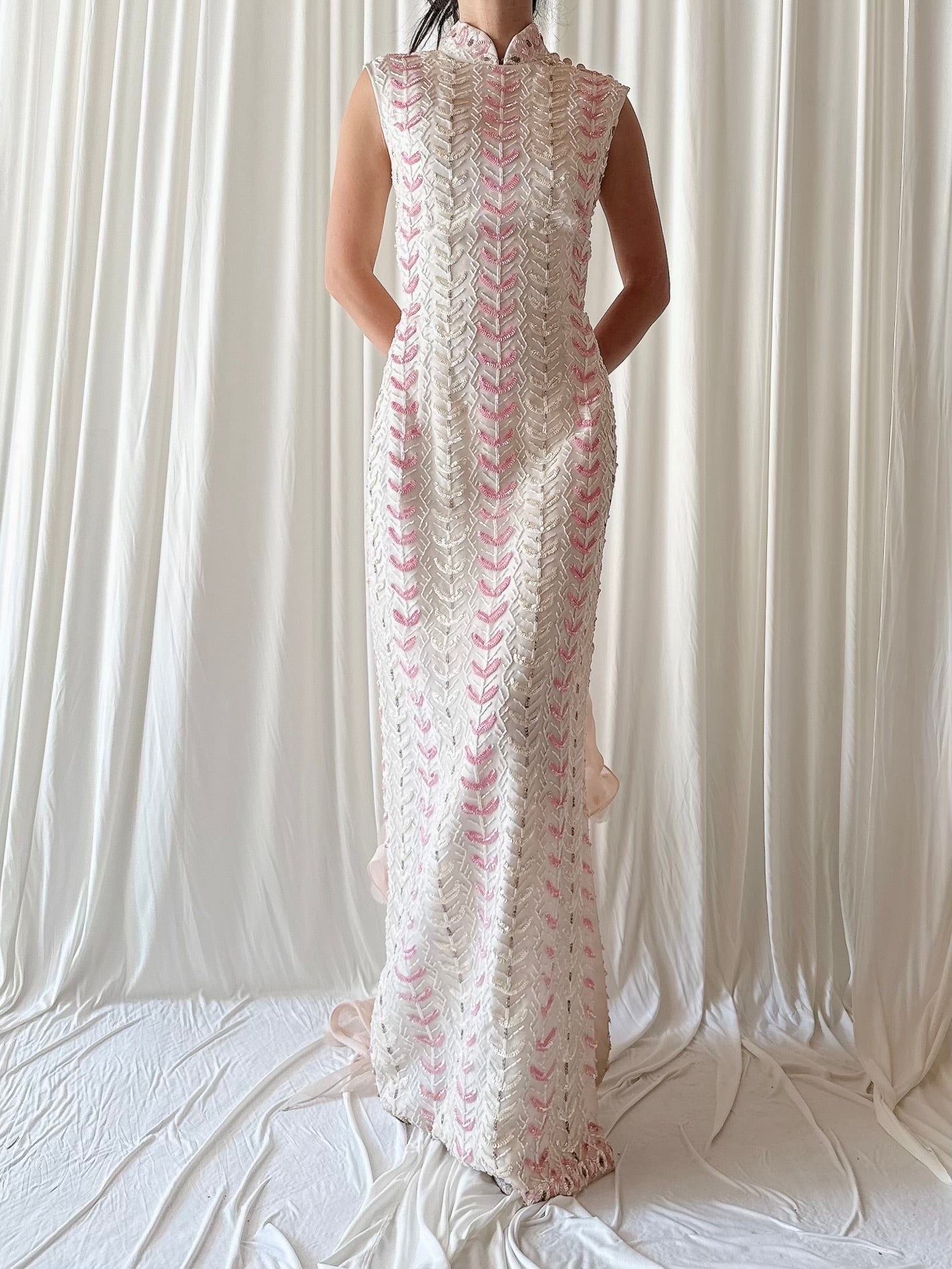 1960s Cheongsam Silk Organza Beaded Gown - M