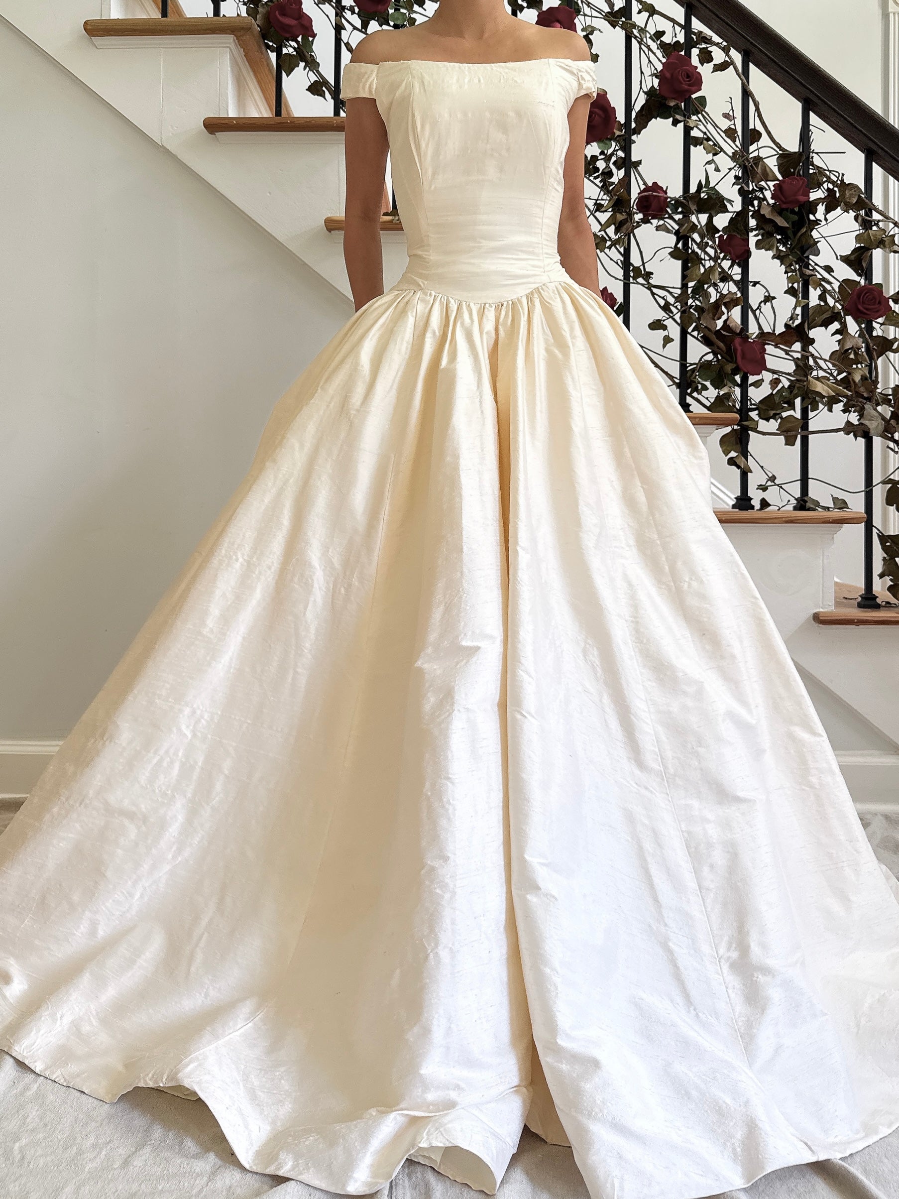 Vintage Raw Silk Portrait Collar Gown - M