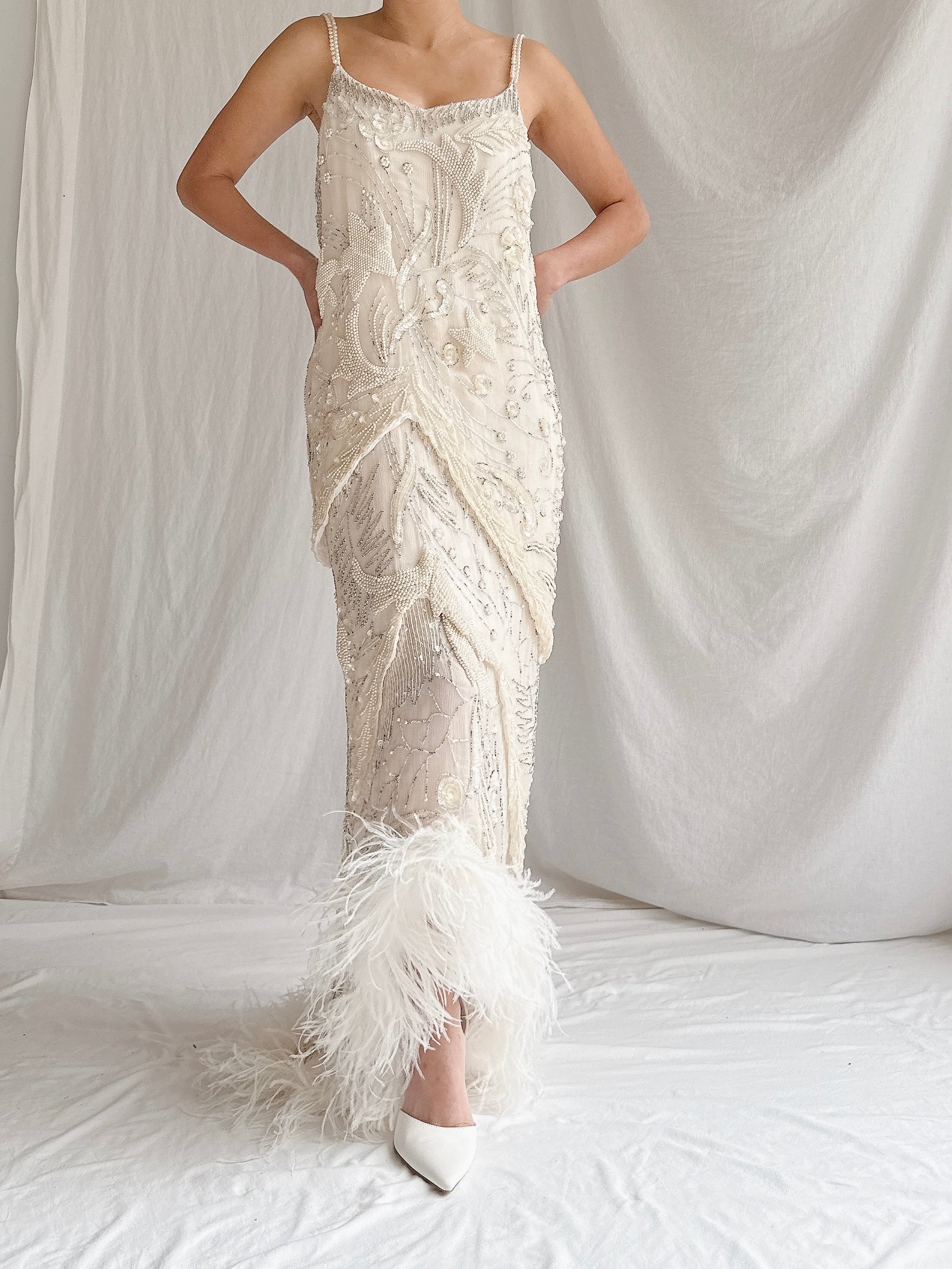 Vintage Silk Beaded Feather Trimmed Gown - S/M