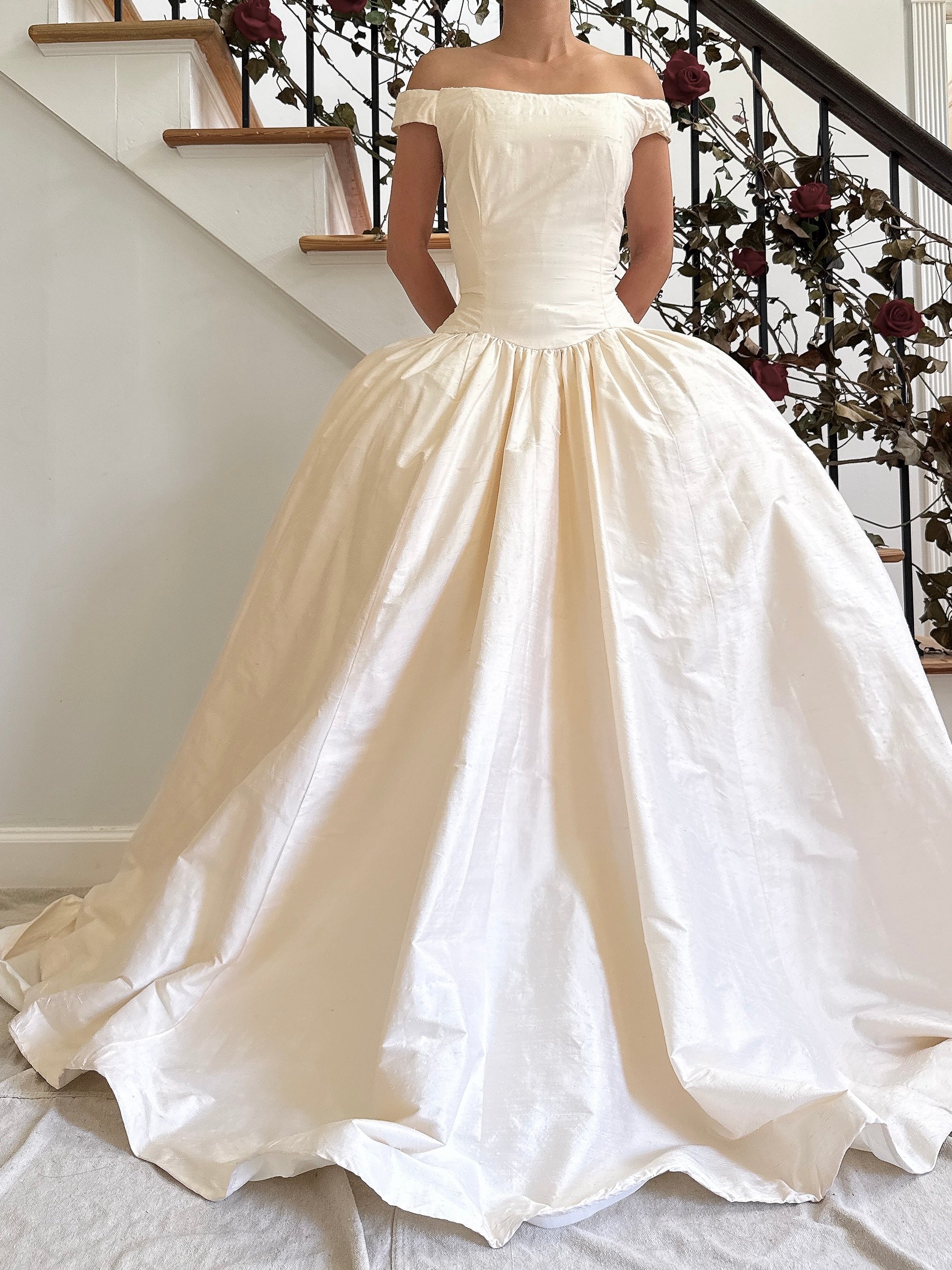 Vintage Raw Silk Portrait Collar Gown - M