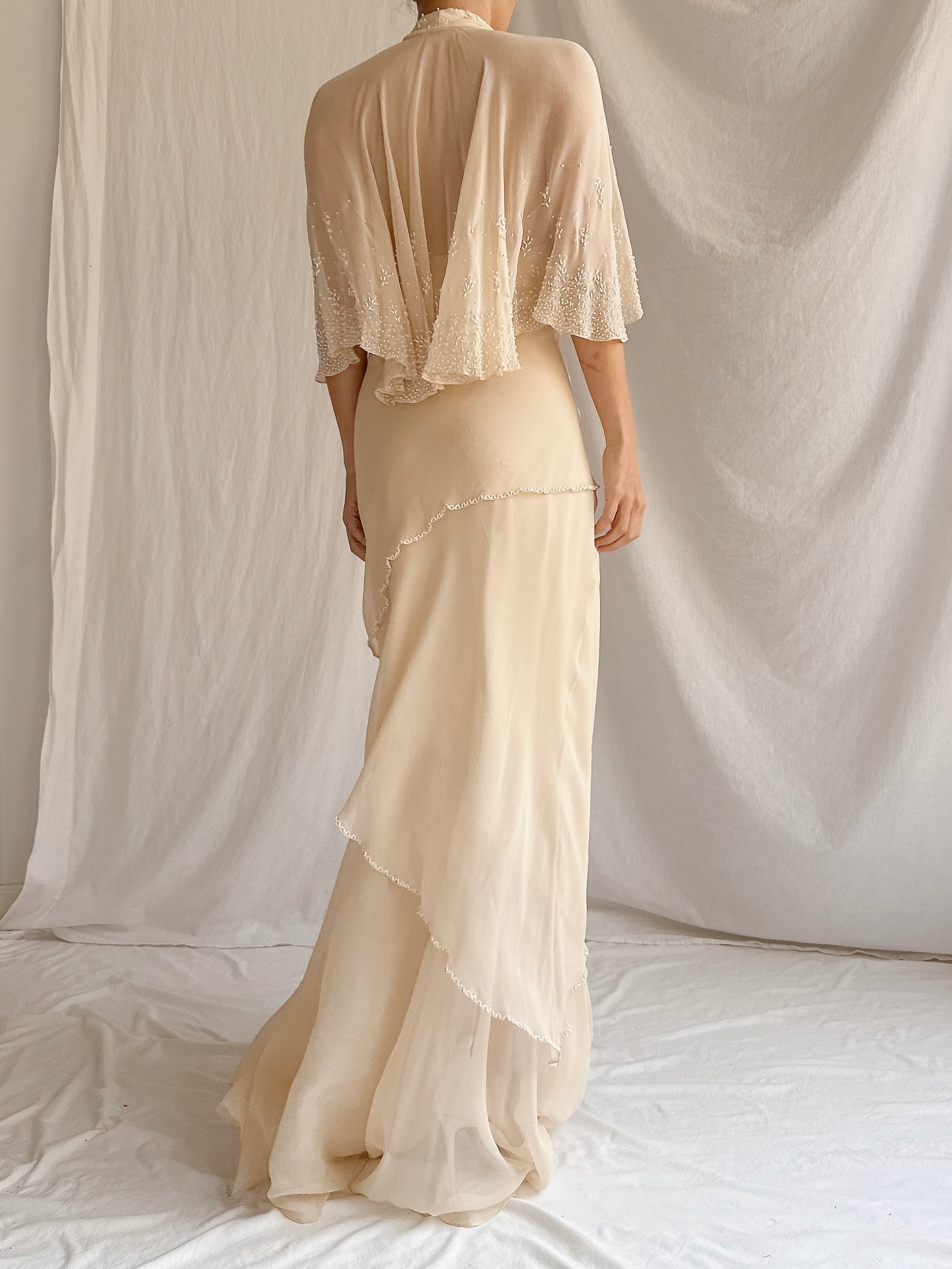 Vintage Almond Silk Cape Gown - M