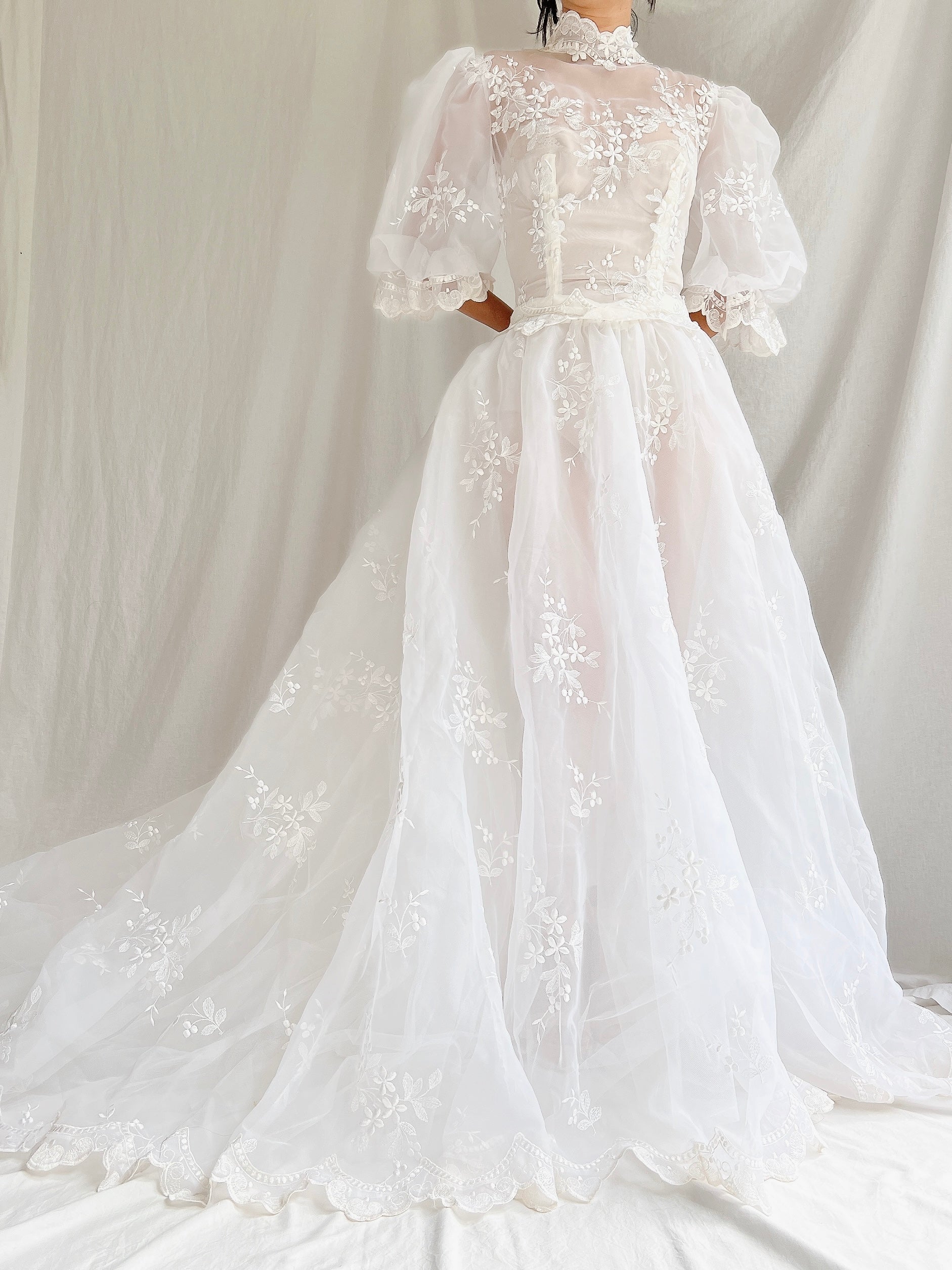 sheer puff long sleeve dress Bead Sheer Bodice Mesh A-line Long Dress Sheer Puff Sleeves GLGL3497