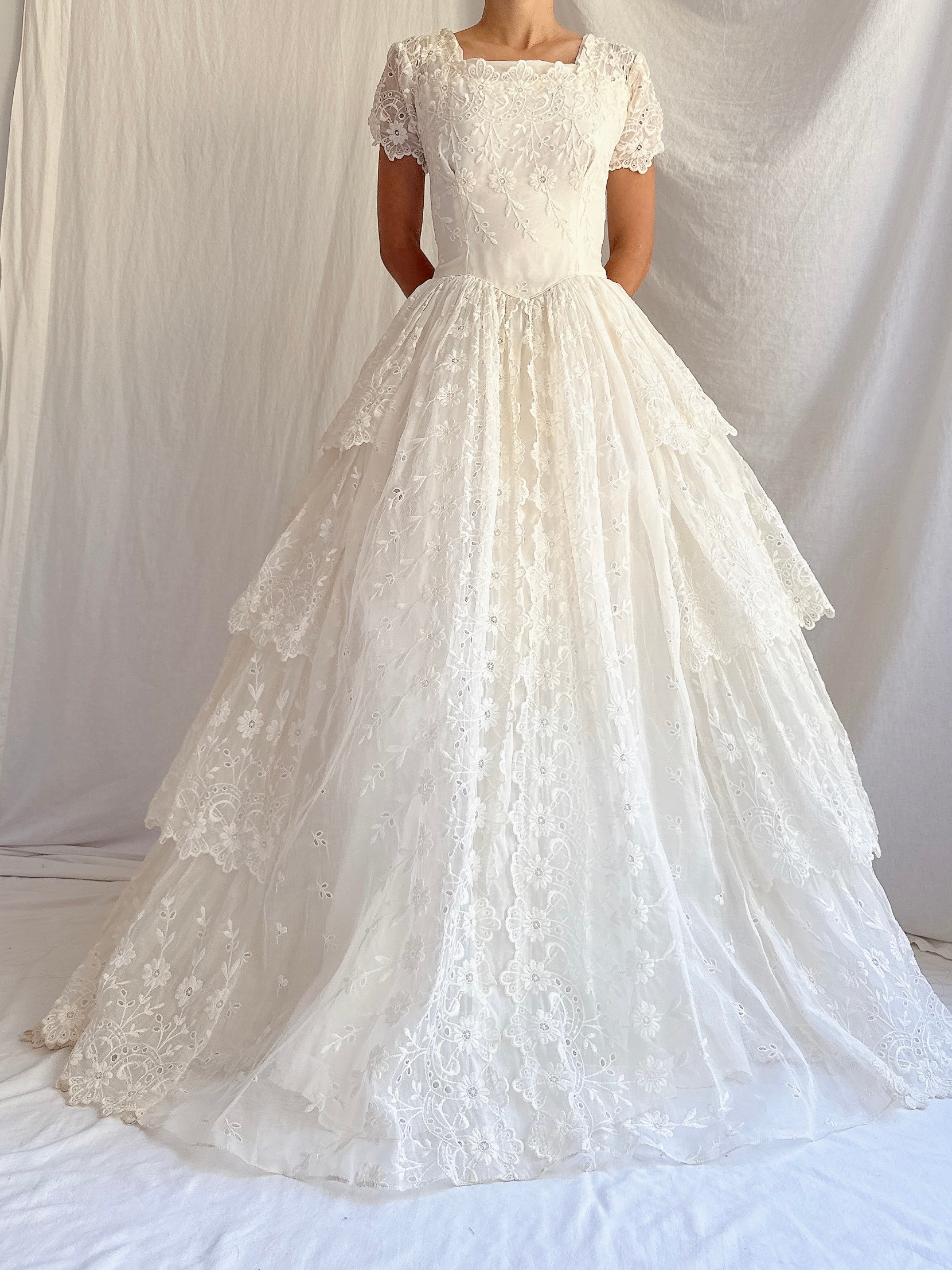 1950s Tiered Organdy Embroidered Gown - XS