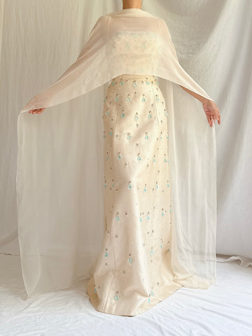1960s Raw Silk Crystal Gown with Silk Shawl- S/4