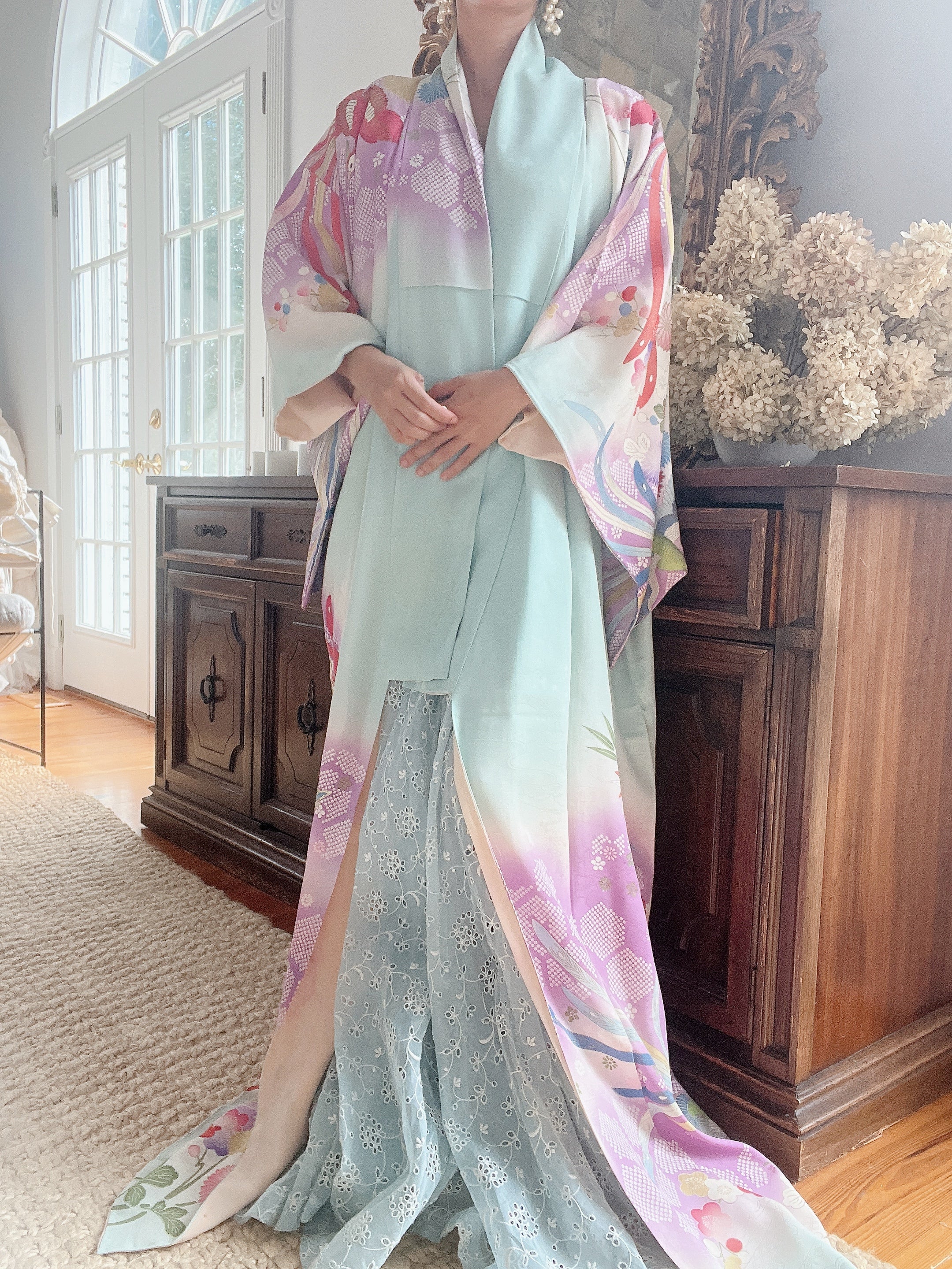 Vintage Pastel Cyan Kimono - OSFM