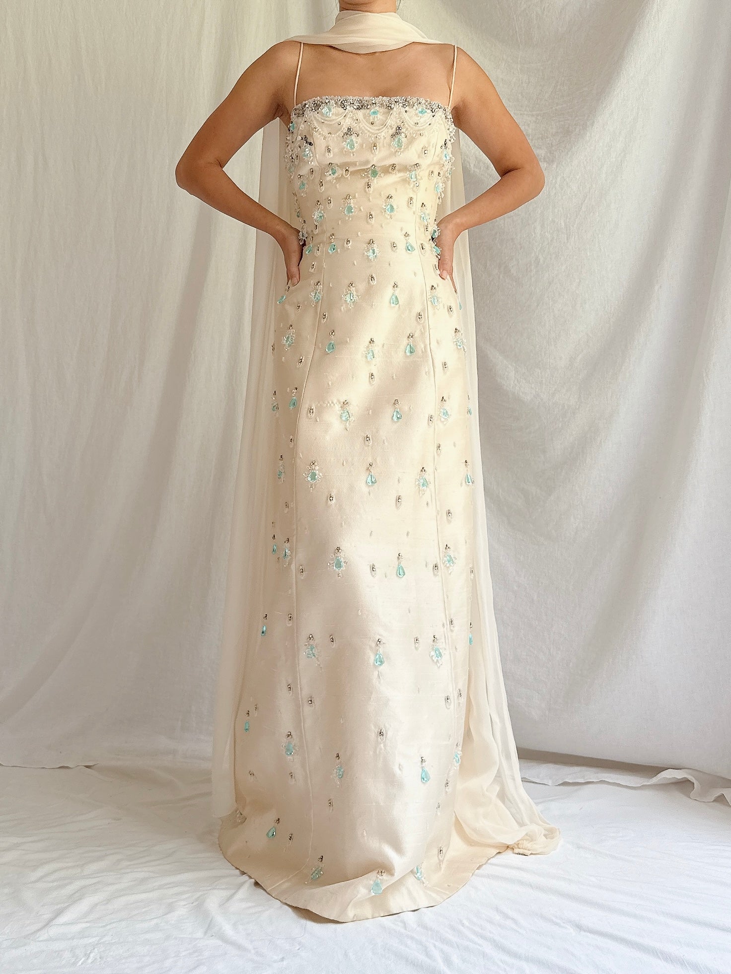 1960s Raw Silk Crystal Gown with Silk Shawl- S/4