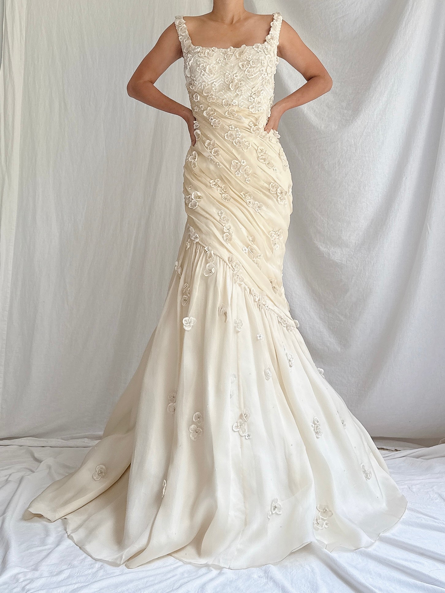 Vintage YSA Makino Silk Organza Gown with Appliqués - M