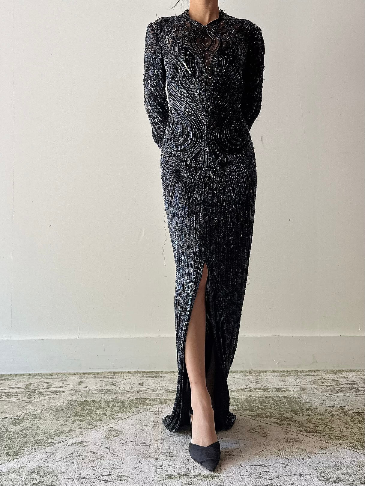 1980s Midnight Blue Silk Beaded Gown - M