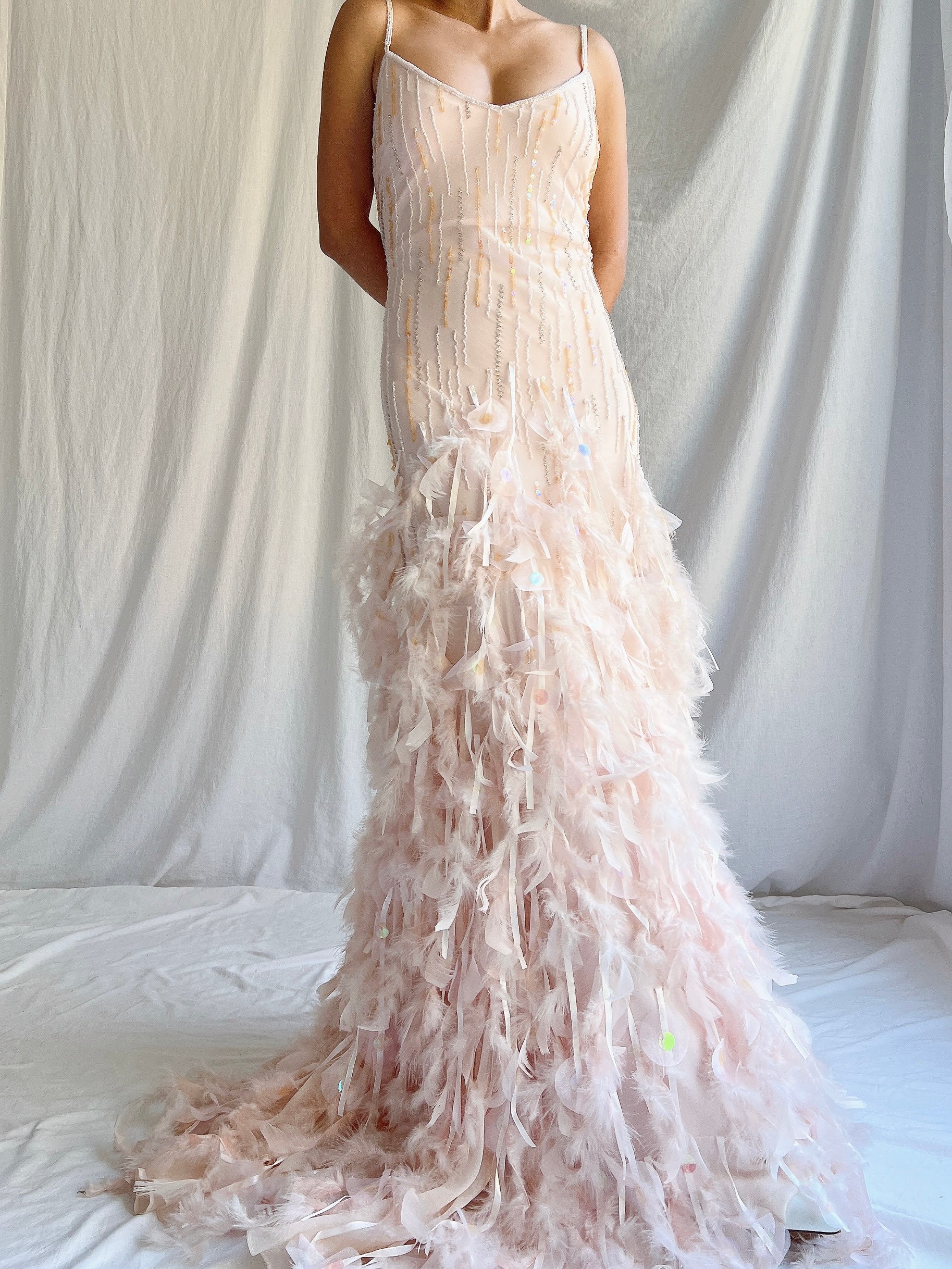 Vintage Blush Silk Feathered Gown - M