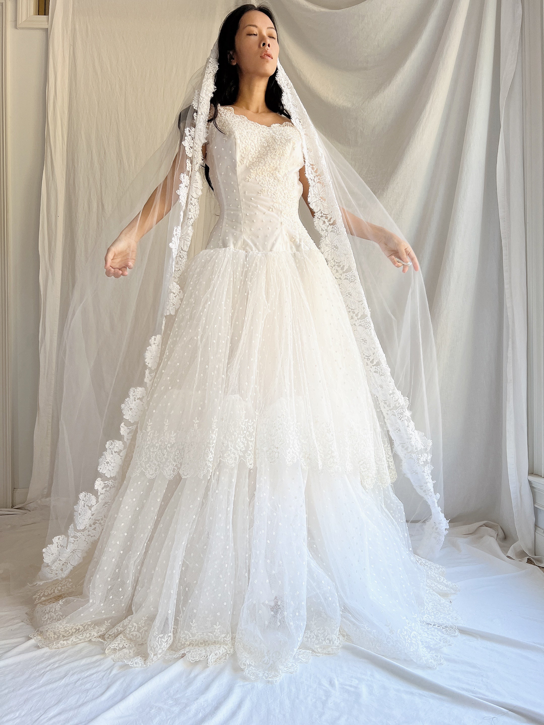 1950s Cathedral Alencon Double Tulle Veil