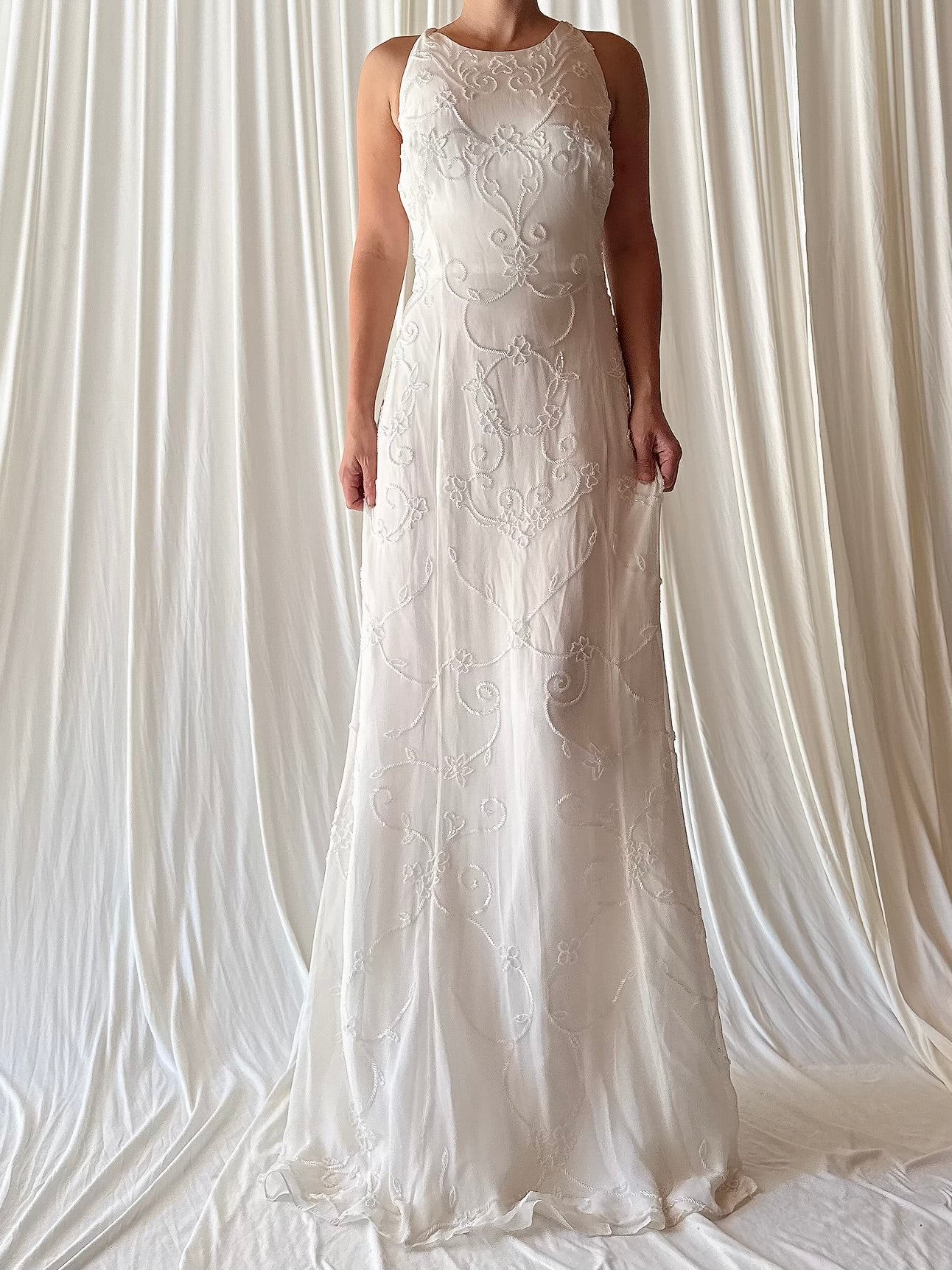 1990s Silk Chiffon Crewneck Gown - L