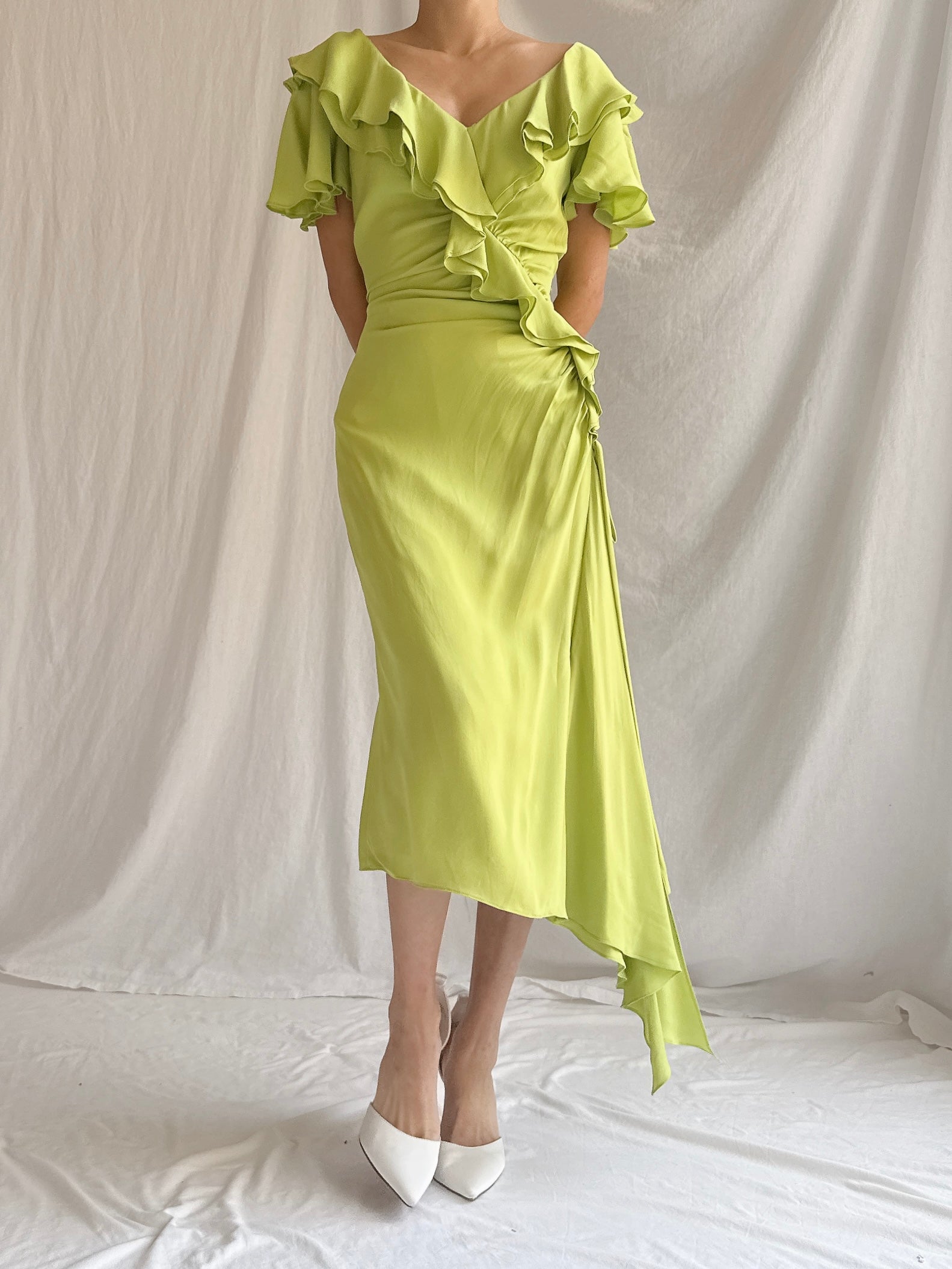 Vintage Chartreuse Belleville Sassoon  Silk Draped Dress - S