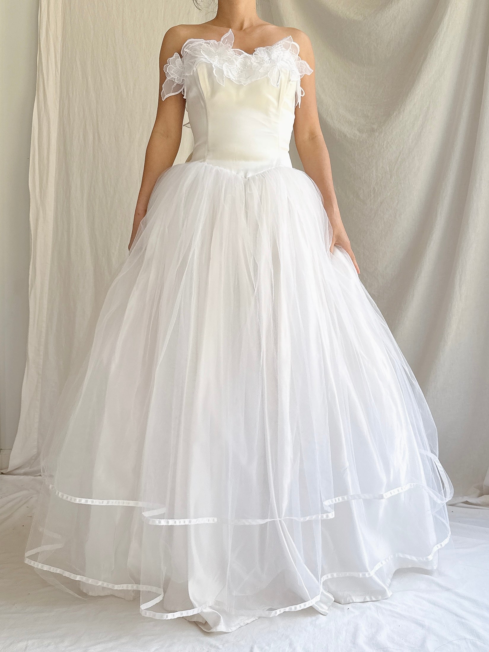 Vintage Strapless Applique Tulle Dress - S