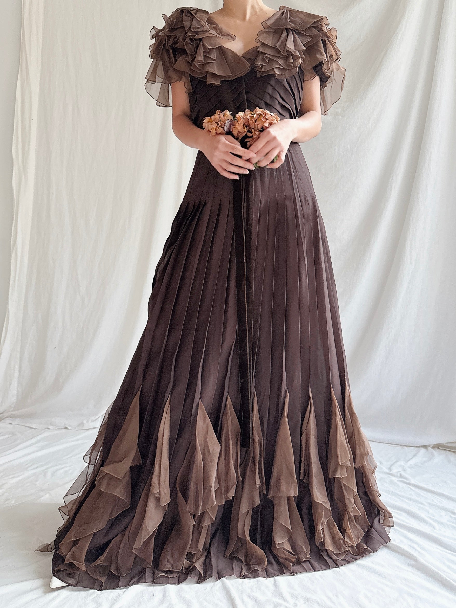 brown organza dress HAPPY CLOTHING CULT MIA X HAPPY CLOTHING POTTER MERMAID ORGANZA MAXI DRESS IN BROWN