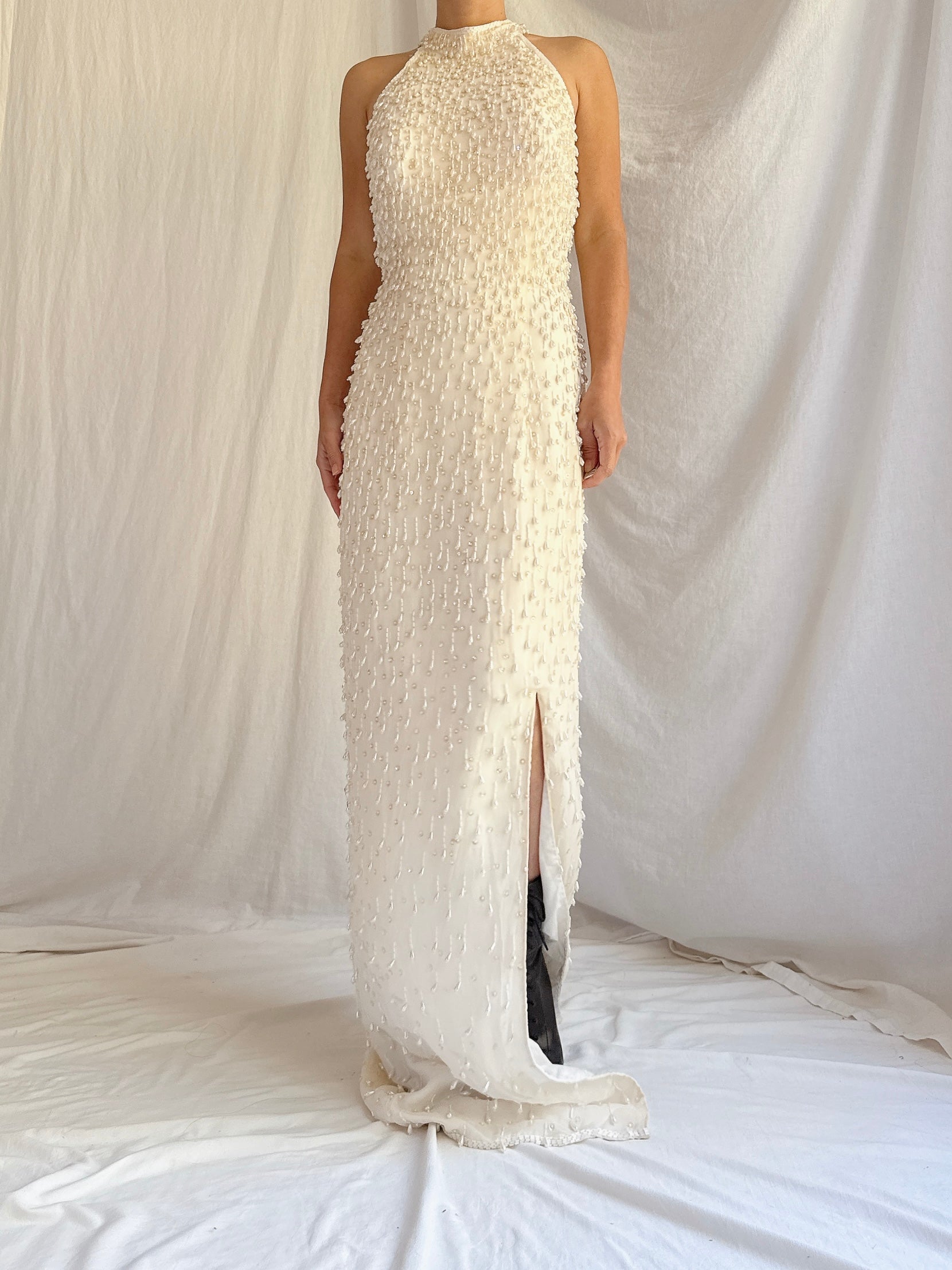 Vintage Halter Neck Silk Beaded Gown - M 8