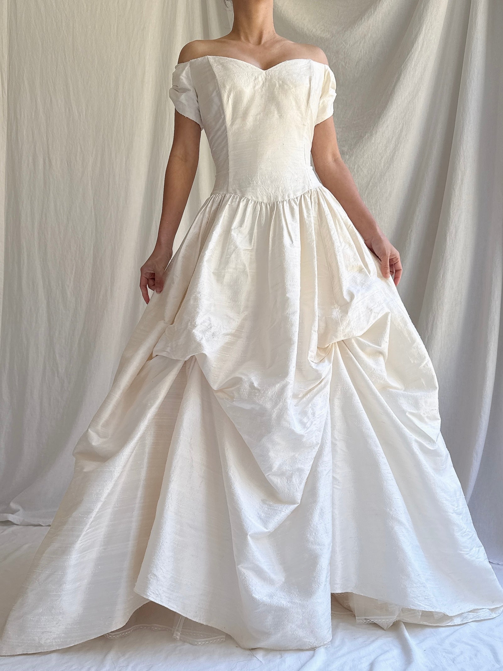 Vintage Raw Silk Off-the-Shoulder Dress - M