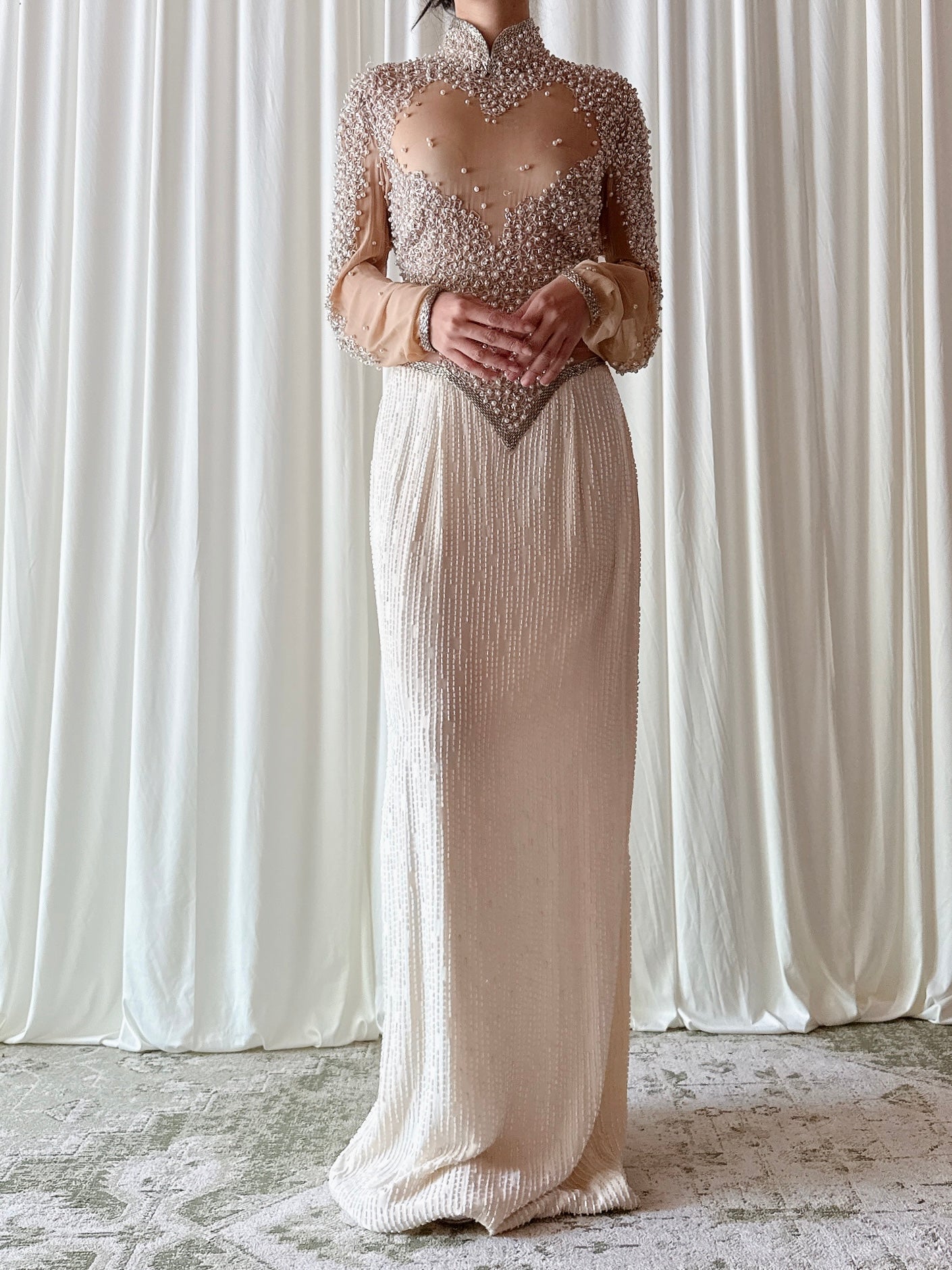 Vintage Ivory Silk Beaded Dress - Size 6