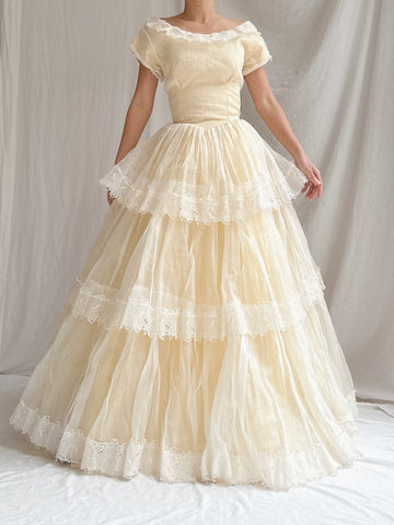 1950s Organdy Tiered Gown - XS