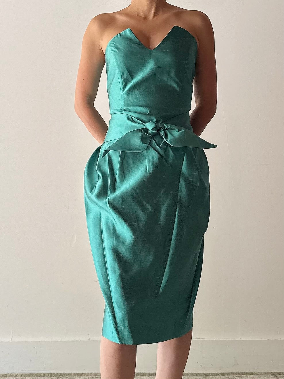 Vintage Turquoise Teal Silk Strapless Dress - FR42
