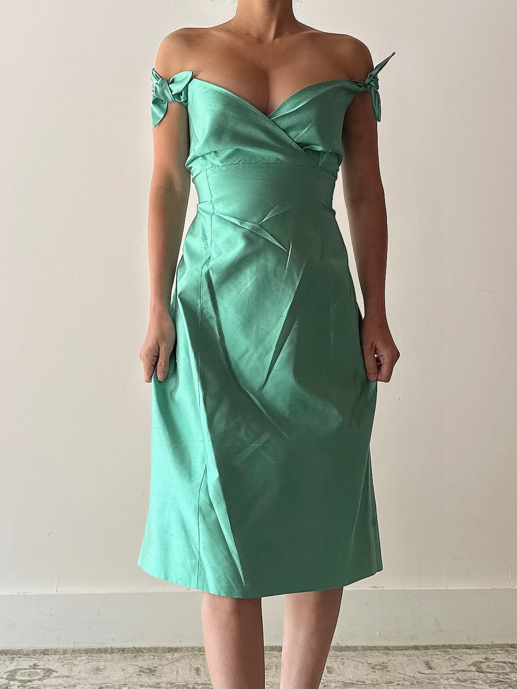 Vintage Teal Silk Halter Dress - FR40
