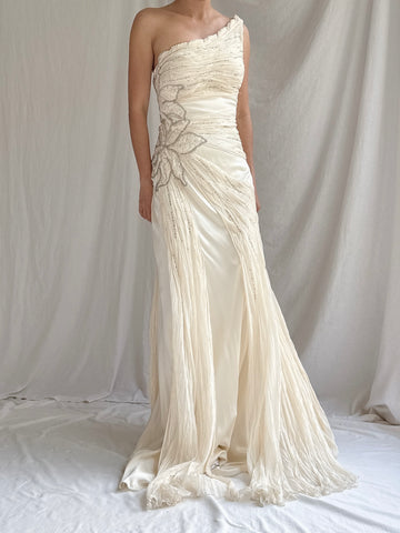 Vintage Silk Chiffon One-Shoulder Gown - M