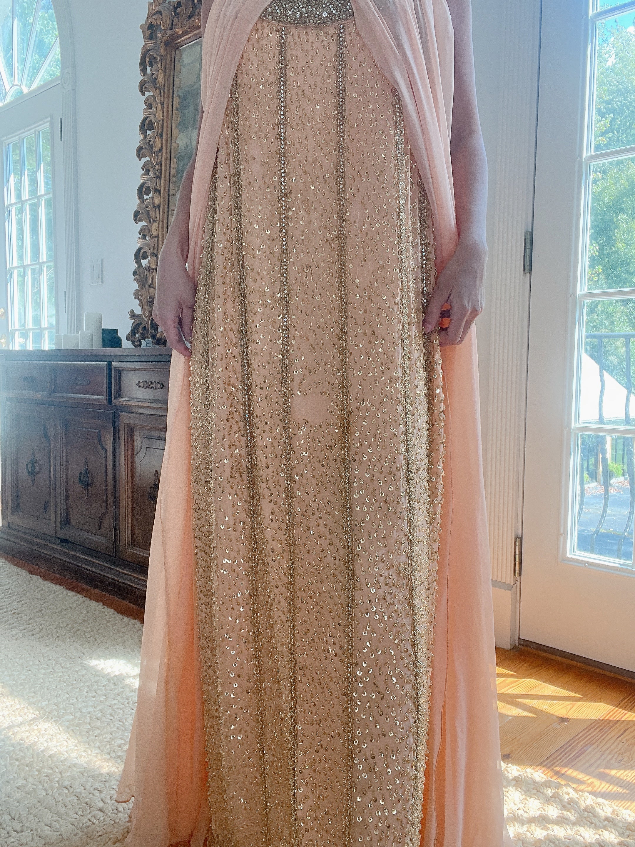 1960s Peach Beaded Gown & Cape - M/L