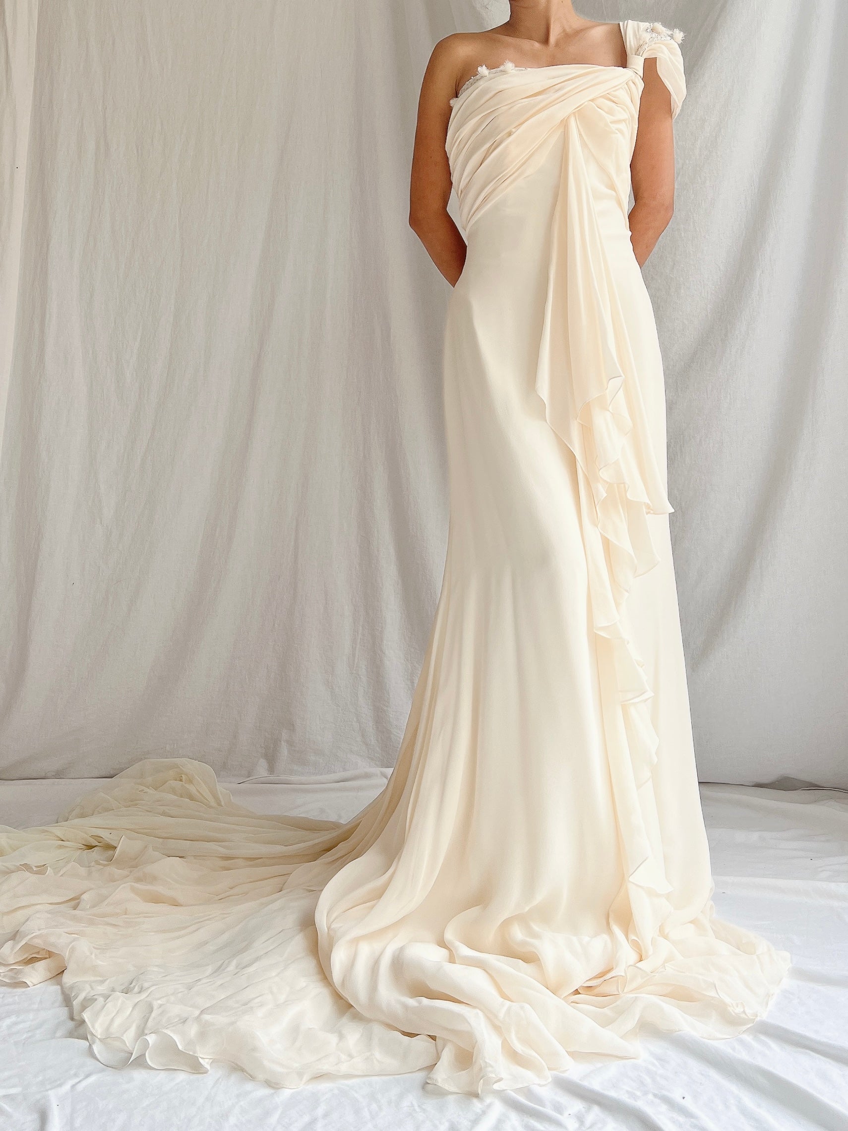 Vintage Silk One-Shoulder Gown - M