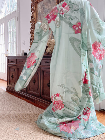 Vintage Silk Teal Abstract Kimono - OSFA