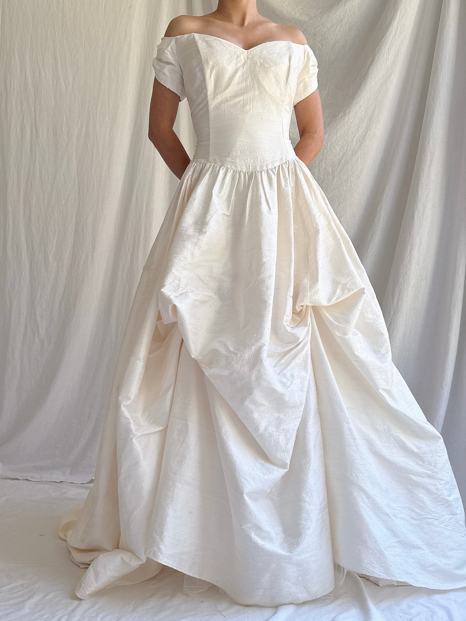 Vintage Raw Silk Off-the-Shoulder Dress - M