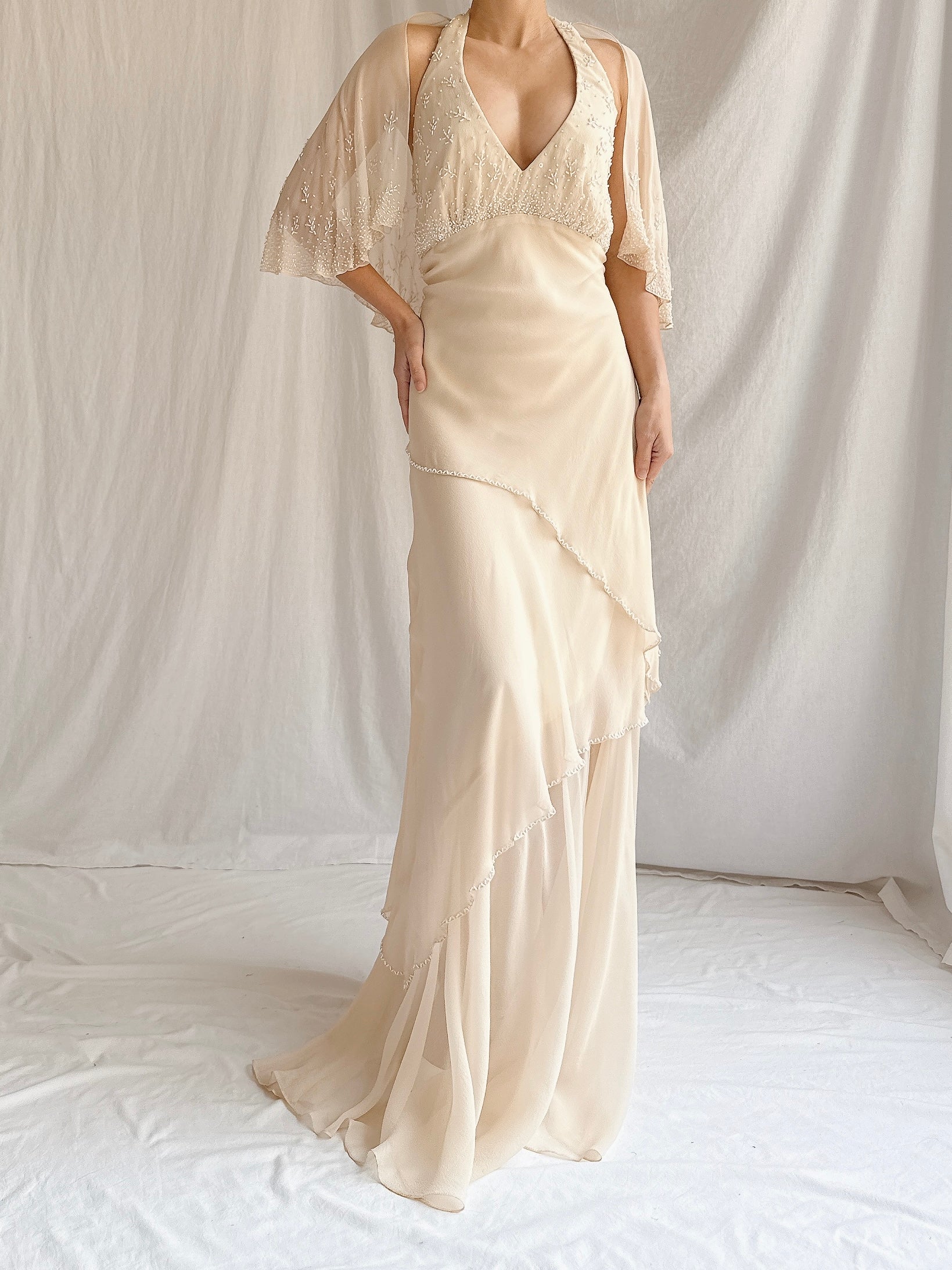 Vintage Almond Silk Cape Gown - M