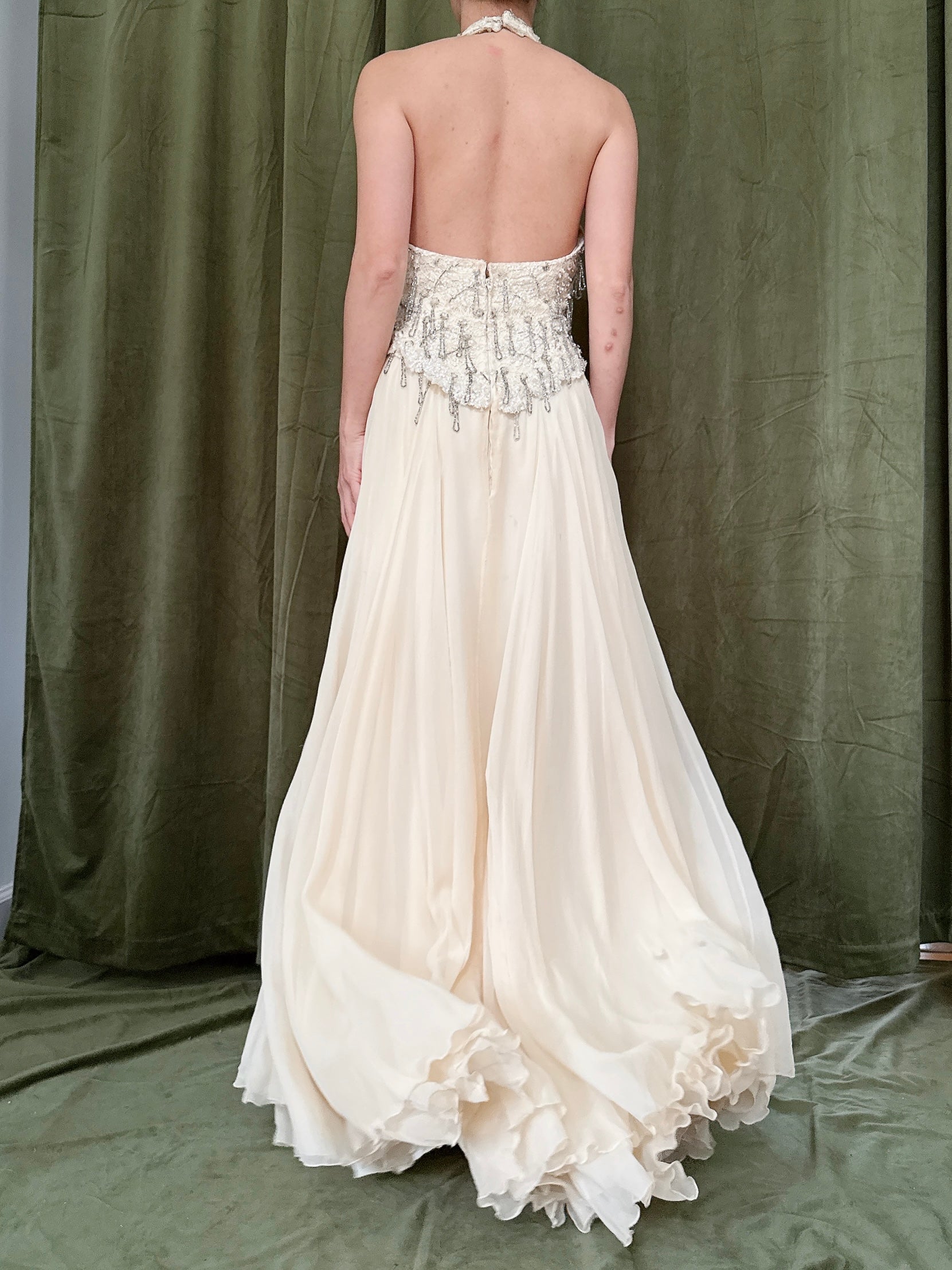 Vintage Silk Halter Chiffon Dress - 27W/34B/58L from shoulder